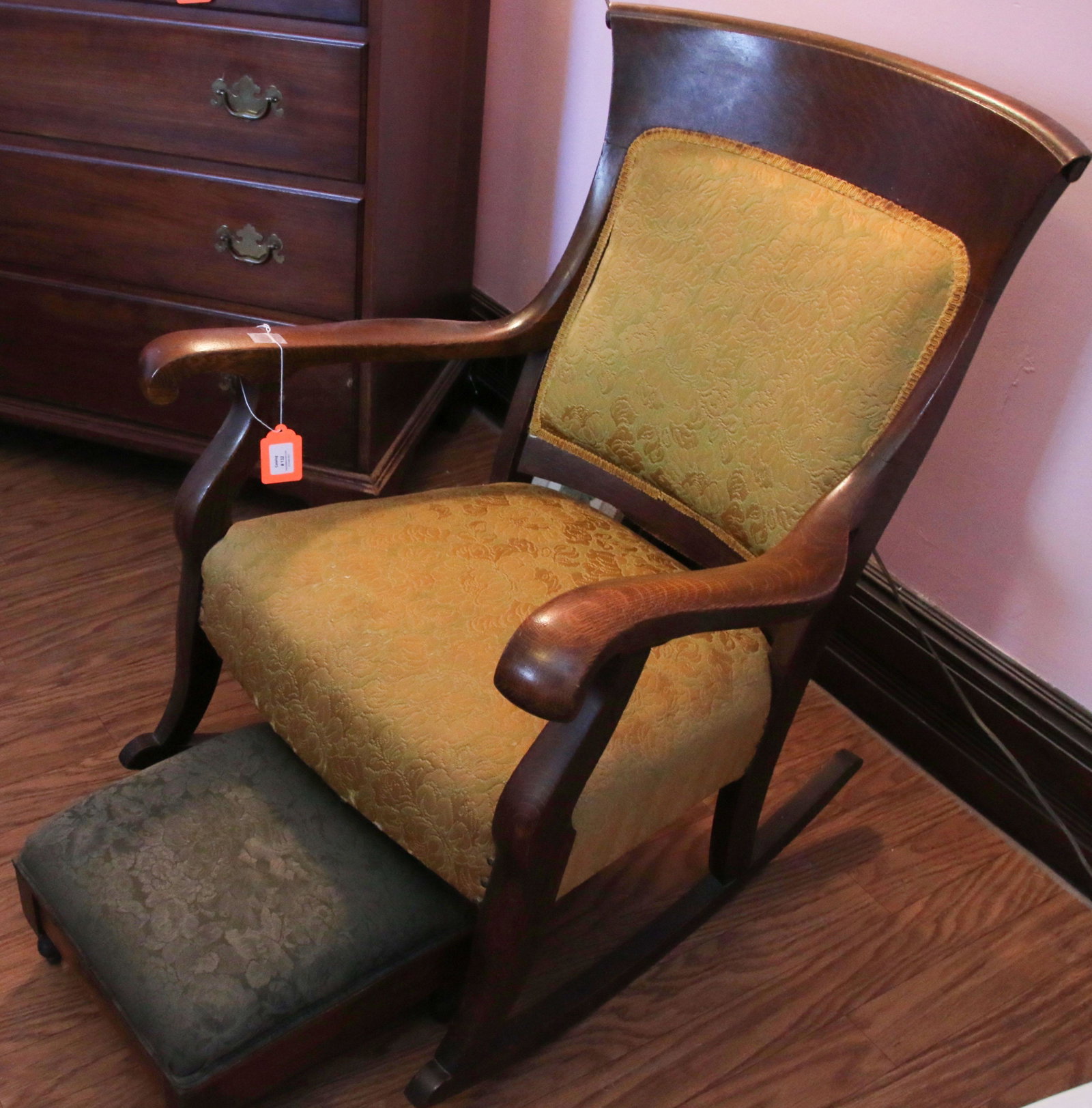 OAK ROCKING CHAIR: WITH GREEN UPHOLSTERED SEAT
