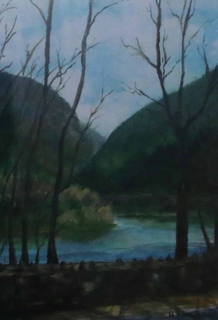 MEL STARNER WATERCOLOR: DELAWARE WATER GAP - FRAMED AND MATTED UNDER GLASS Size: 4 1/2" X 6"