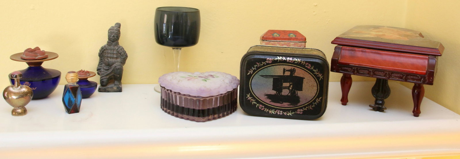 CONTENTS ON SHELF: PERFUME BOTTLES, DRESSER BOXES, AND MORE IN PHOTO