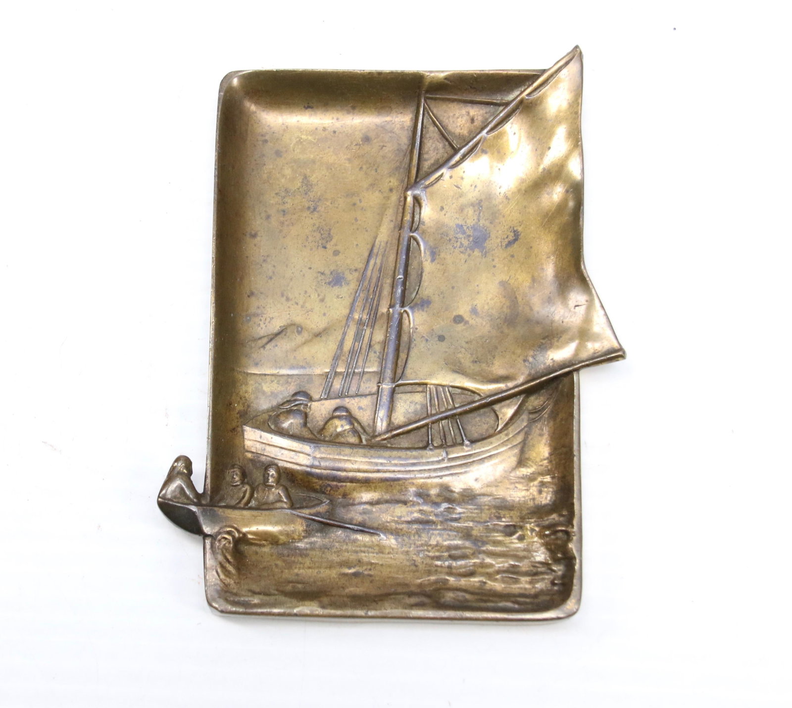 BRASS TRAY: SAILING SHIP WITH ROW BOAT AND FIGURES - MARKED "JB 2624" ON BACK Dimensions: 4 1/2" X 6"