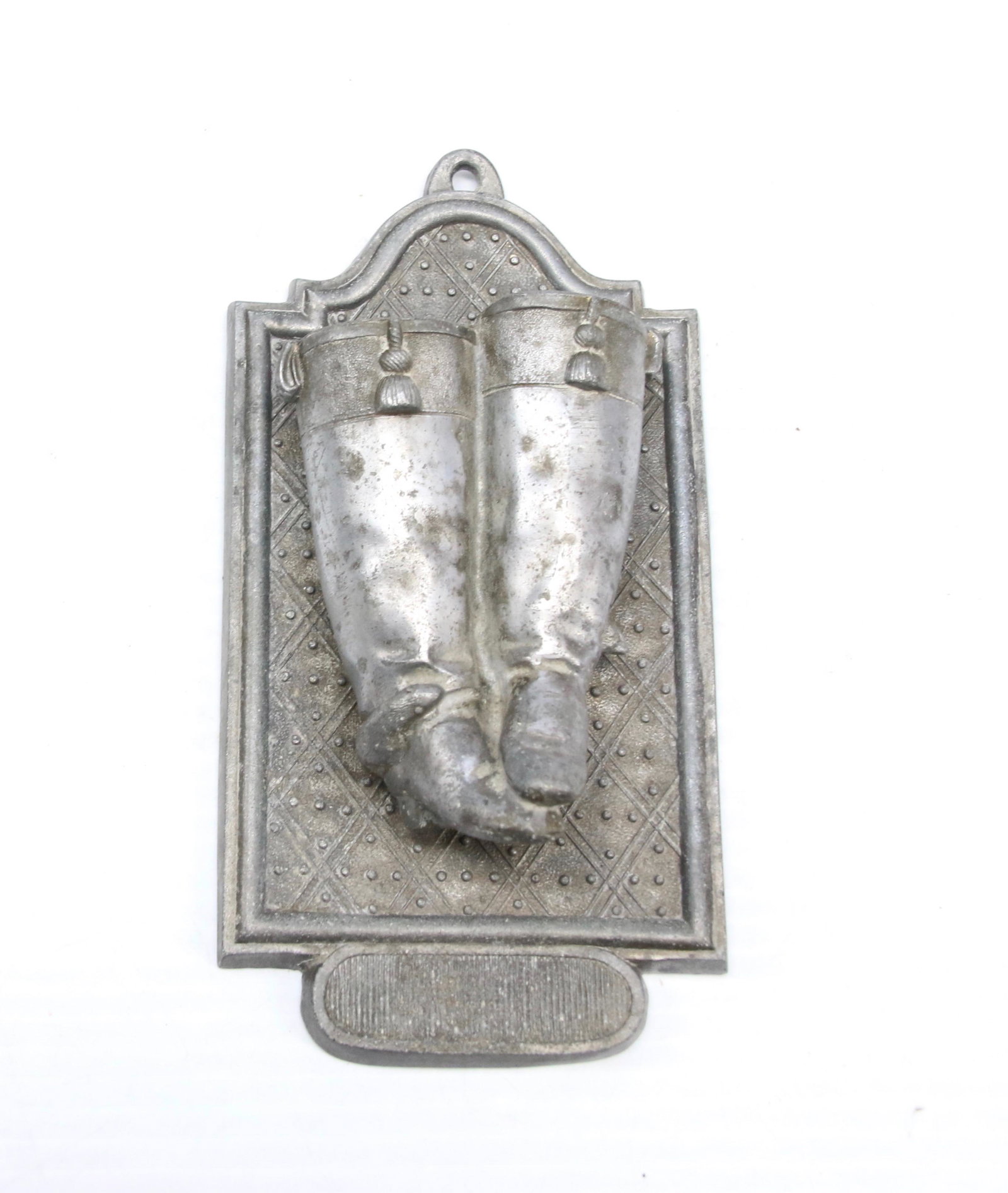 ANTIQUE MATCH HOLDER: WHITE METAL MATCH HOLDER - IN THE FORM OF BOOTS WITH MICE - PAINTED Dimensions: 7 1/2" X 4"