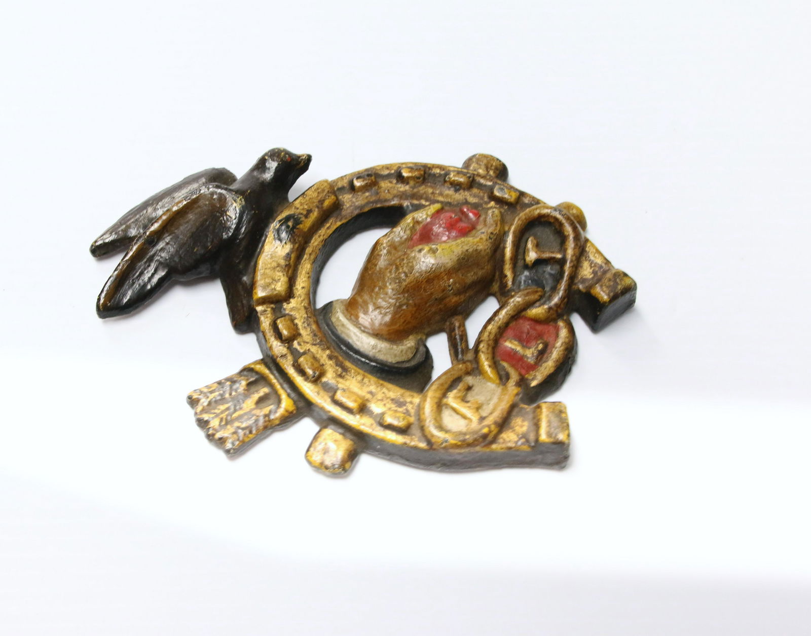 19TH CENTURY FRATERNAL ORDER PLAQUE: MARKED F.L.T. - HORSESHOE WITH HAND AND DOVE - CAST IRON - PENNSYLVANIA Dimensions: 5 1/2" X 7 3/4"