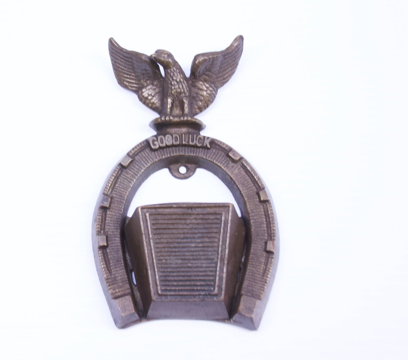 BRONZE EAGLE MATCH HOLDER: GOOD LUCK" HORSESHOE WITH EAGLE AND WALL MOUNT Dimensions: 6 3/4" X 3 3/4