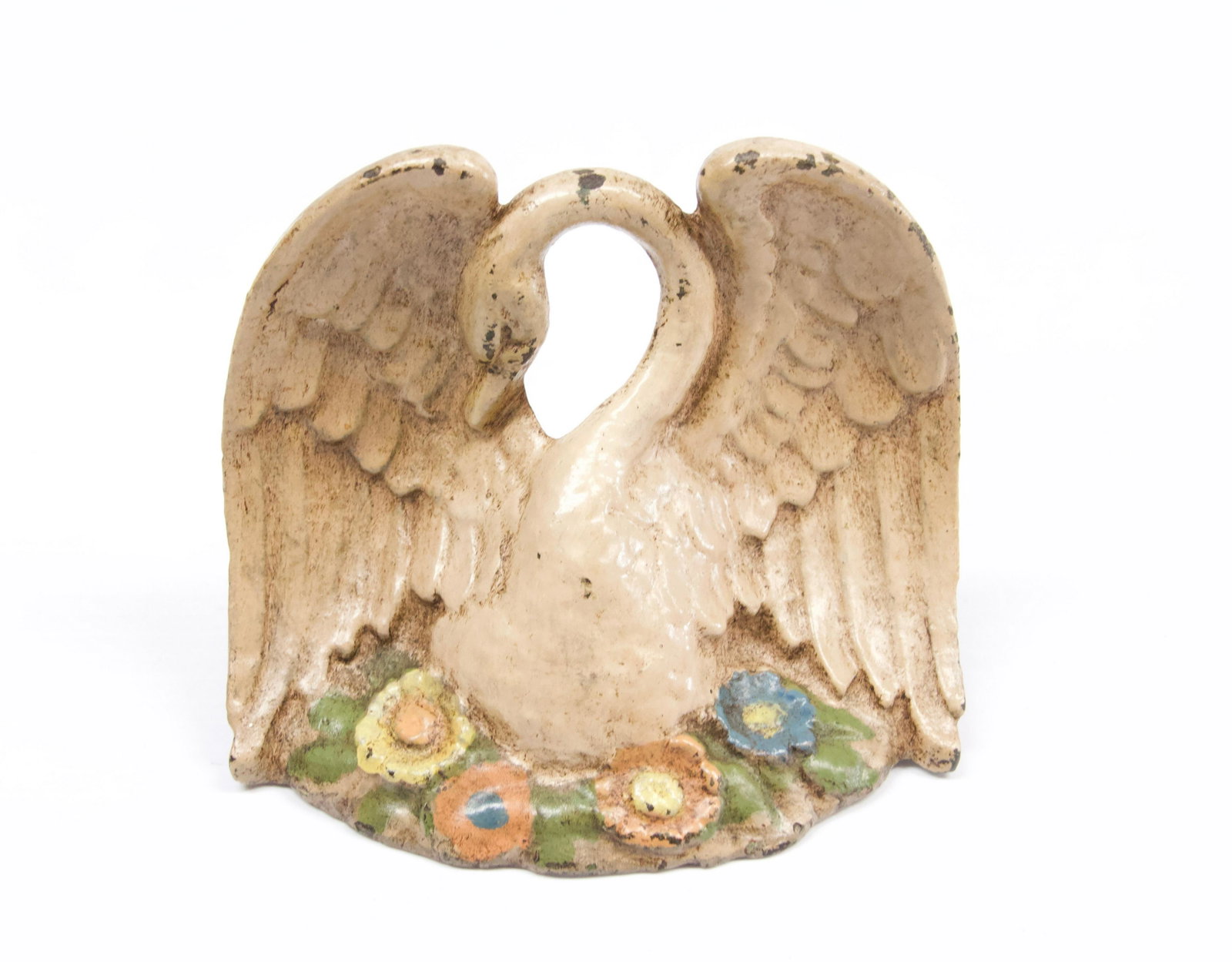 CAST IRON SWAN DOOR STOP: CIRCA 1930'S - SWAN DOOR STOP "WEDGE" HAND PAINTED - SIGNED ON BACK NAMERO WARE CO. Dimensions: 3 1/2" X 5"
