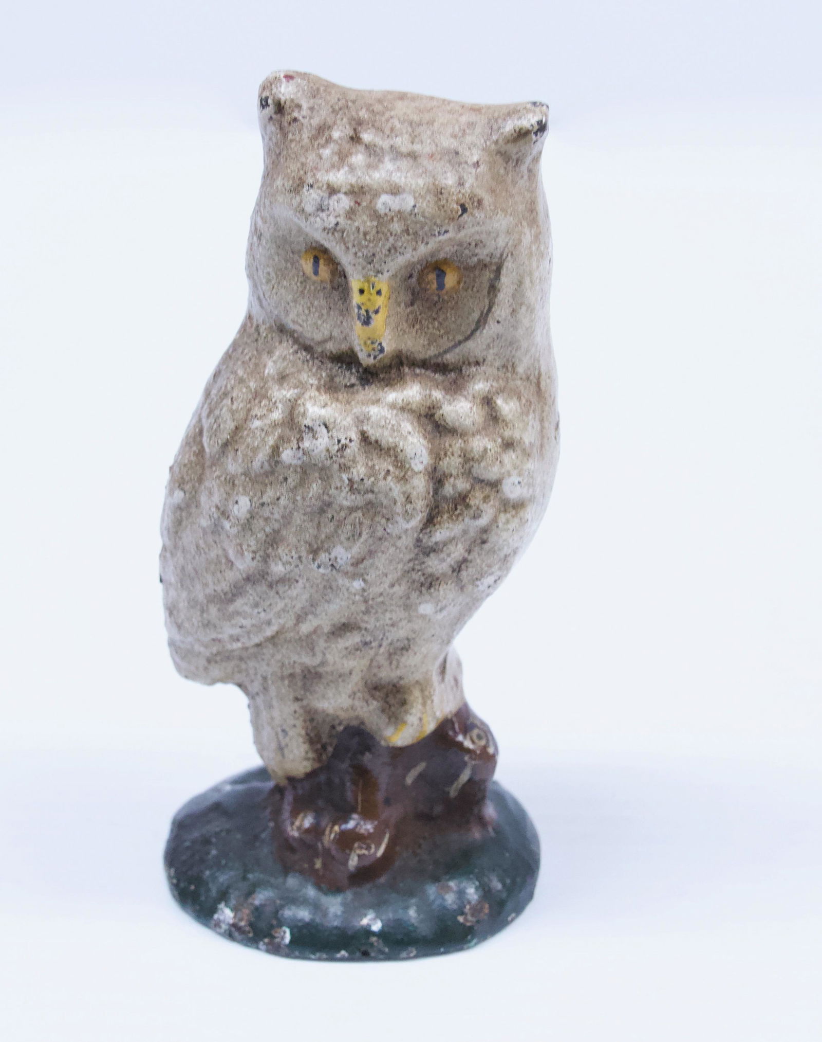 ANTIQUE OWL DOOR STOP: CAST IRON IN ORIGINAL PAINT - PERCHED FORM Dimensions: 5 1/2" H