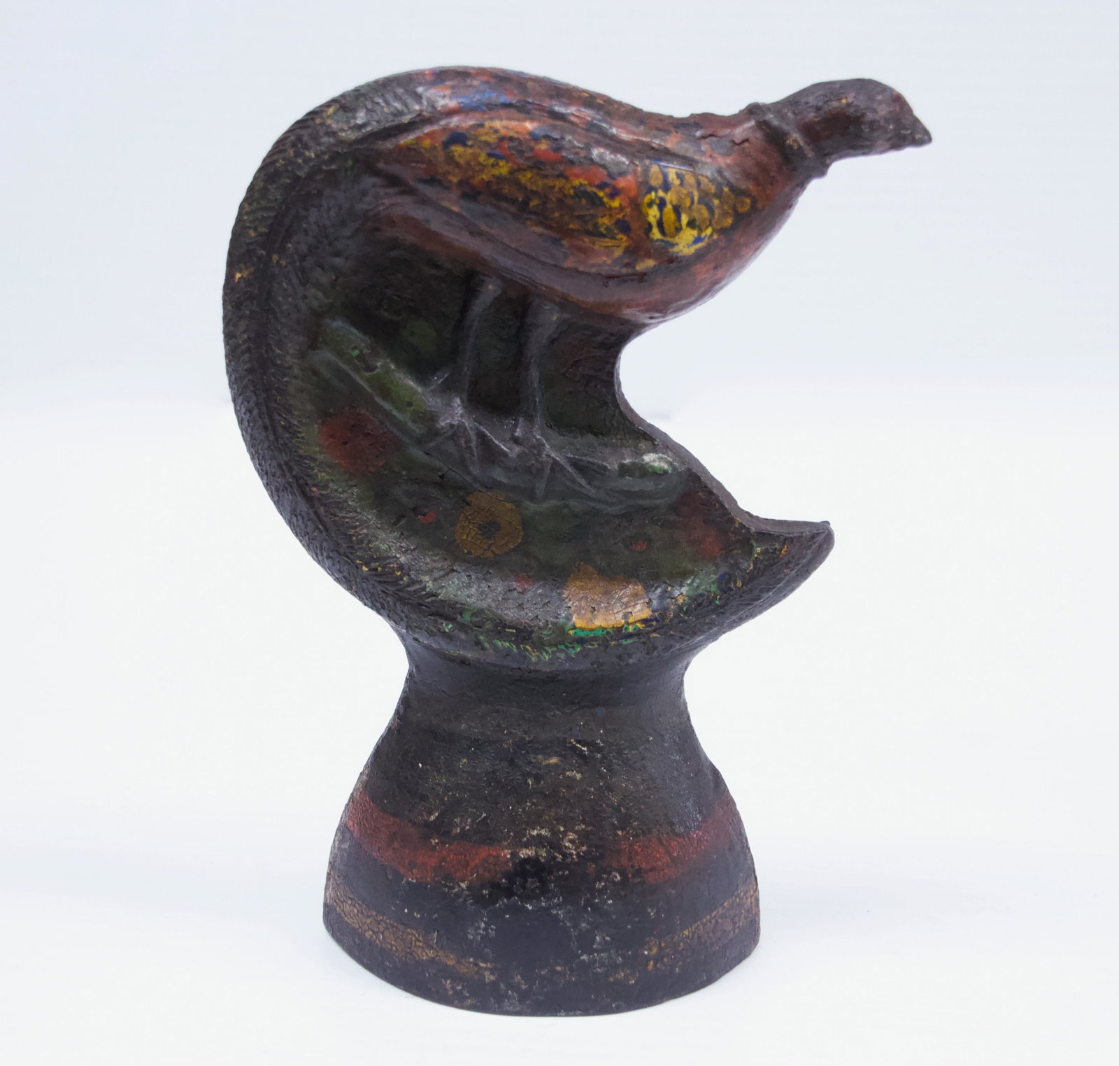 ANTIQUE PHEASANT DOOR STOP: IN ORIGINAL PAINT - FLORAL AND STRIPE PATTERN BASE Dimensions: 7" H