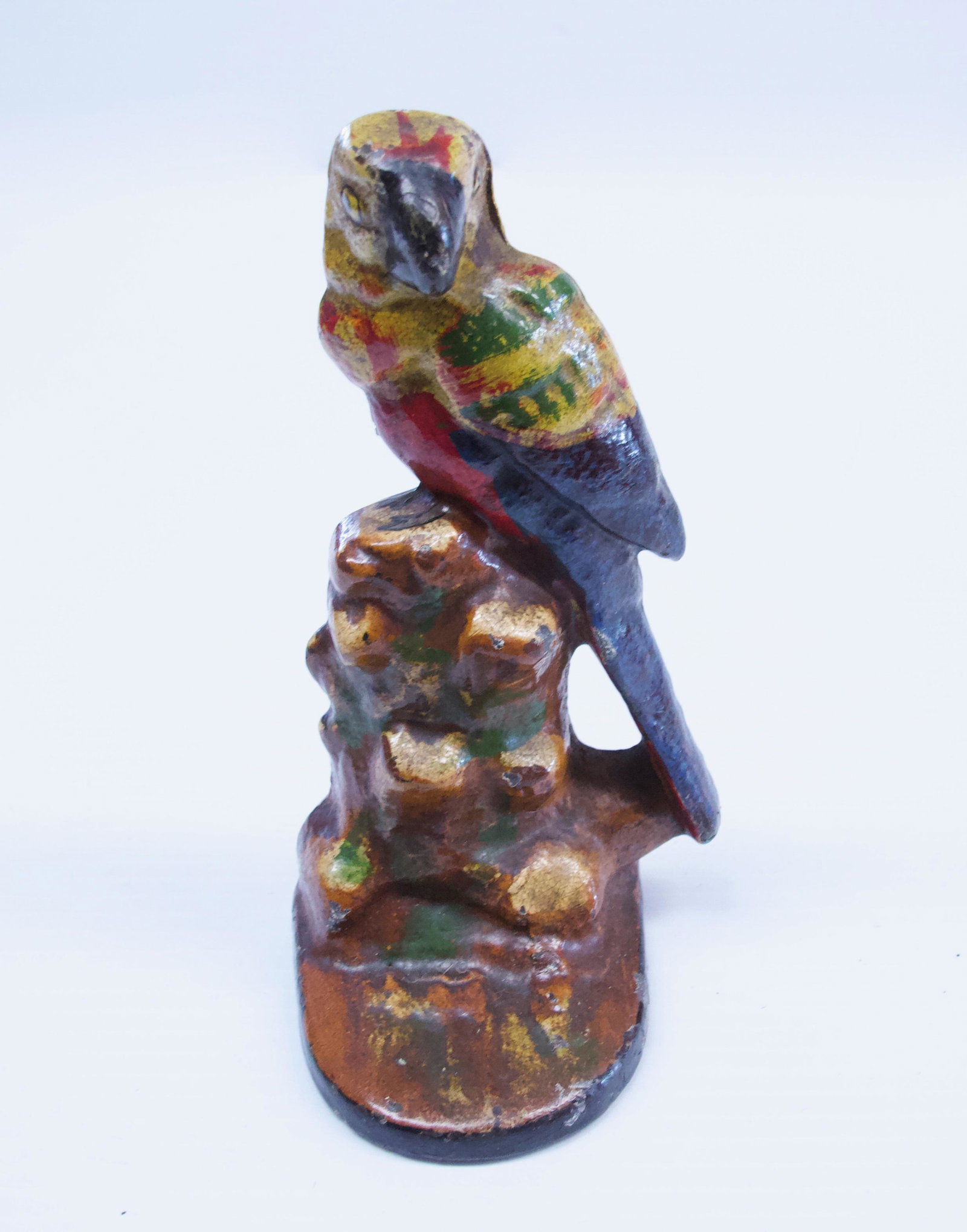 CAST IRON PARROT DOORSTOP: HAND PAINTED CIRCA 1910 - MARKED III ON BACK Dimensions: 6 1/4" H