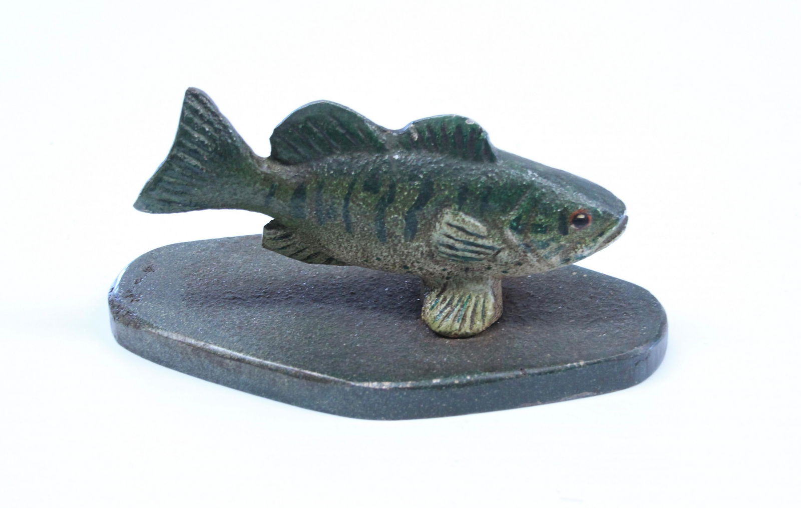 PAINTED CAST IRON PAPERWEIGHT: FISH MOUNTED ON BASE Dimensions: 2 1/2" X 5 1/4"
