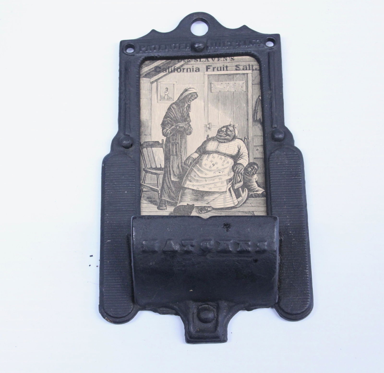 CAST IRON MATCH HOLDER: 19TH C. PATENT. PAINTED BLACK Dimensions: 7 1/2" X 4 1/4"