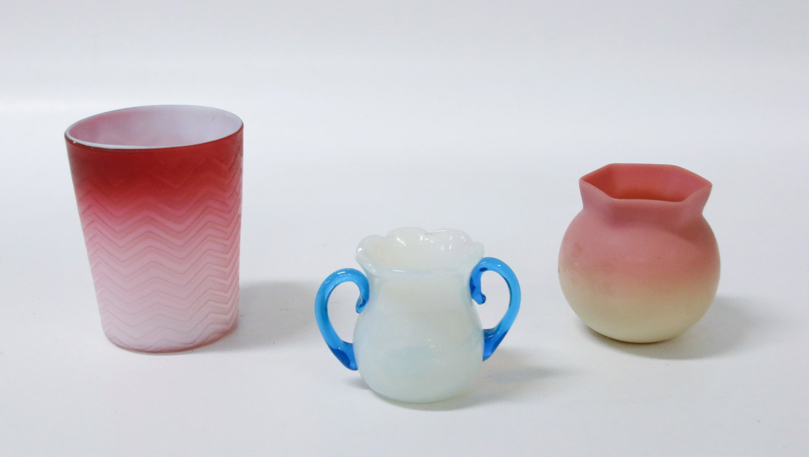 ART GLASS LOT: CASED HERRINGBONE SATIN TUMBLR - OPALINE AND ELECTRIC BLUE TOOTHPICK - BURMESE TOOTHPICK