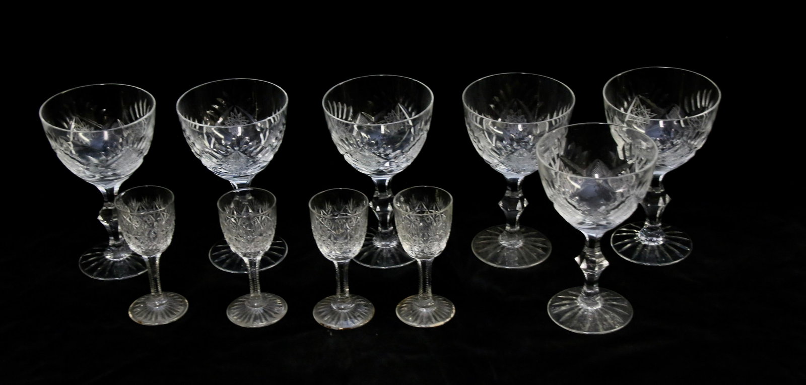 THOMAS WEBB CORIDALS LOT: (4) CUT GLASS CORDIALS THOMAS WEBB ENGRAVED - (6) CUT WINE GLASSES (UNSIGNED) Dimensions: 3 3/4" (WEBB) - 5" OTHERS