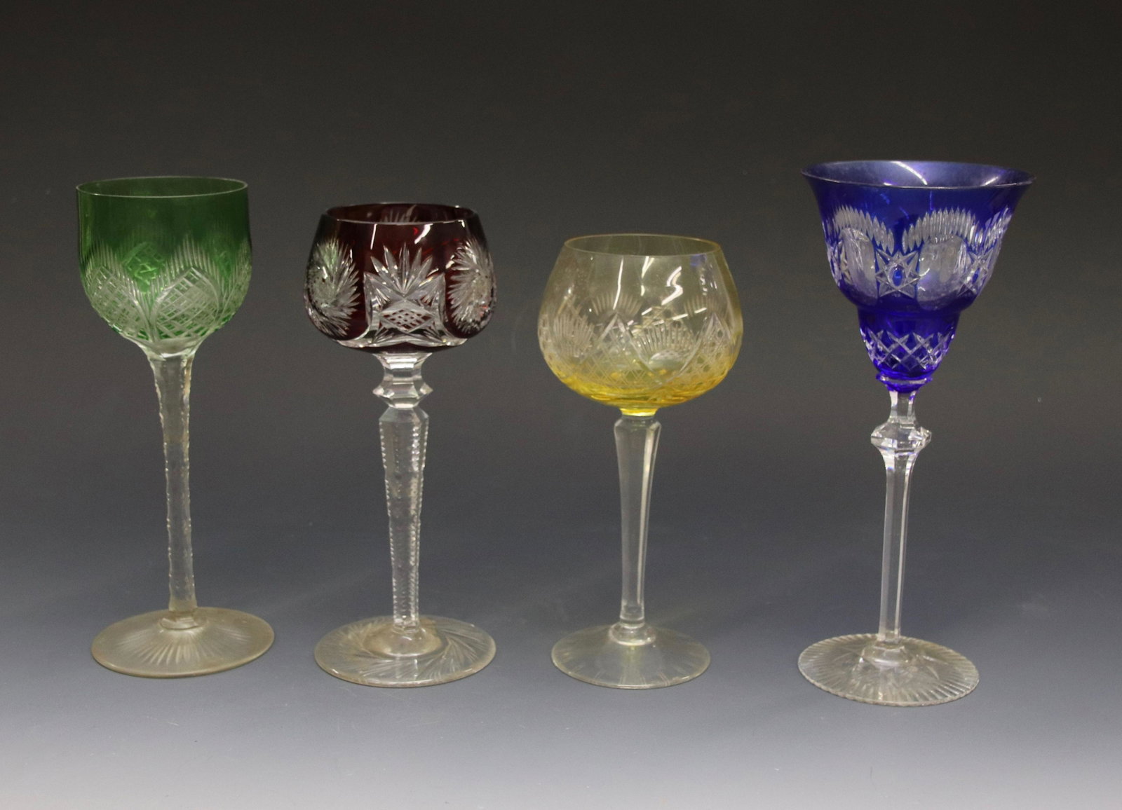 4 OVERLAY CUT WINE GLASSES: OVERLAY CUT TO CLEAR-COBALT RUBY-GREEN AND YELLOW- MOSER TYPE BLUE-8.25"H