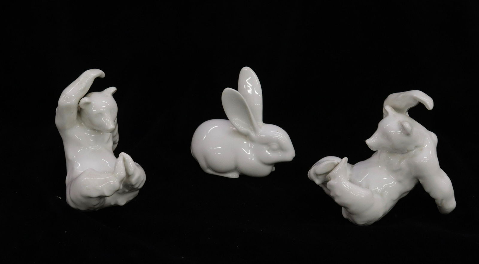 3-KPM BERLIN FIGURINES: 2 POLAR BEARS- 1 RABBIT- CIPHER MARKS ON BOTTOM- SE AND TP AND SE 4"H X 4.5"