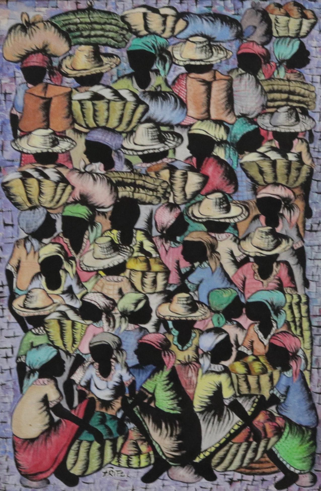 HAITIAN OIL ON CANVAS SIGNED FRITZ: FRAMED CANVAS DEPICTING GROUP OF WOMEN WITH GOODS 23 1/2" X 15 1/2" AND 29 1/2" X 21 1/2"