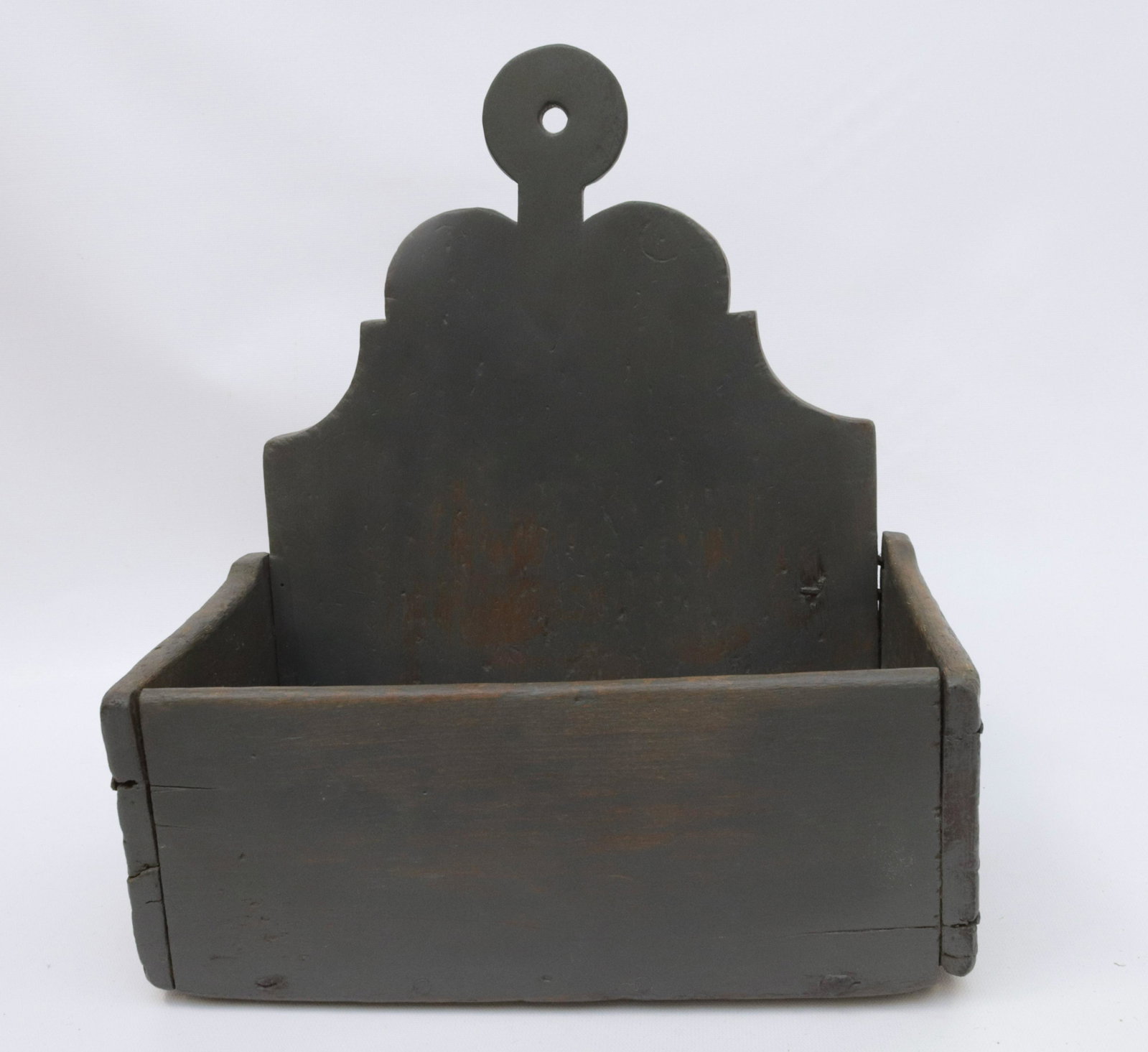 PAINTED WOODEN WALL BOX: IN GREY BLUE PAINT WITH CUT-OUT BACK 13 3/4" X 12" X 7"