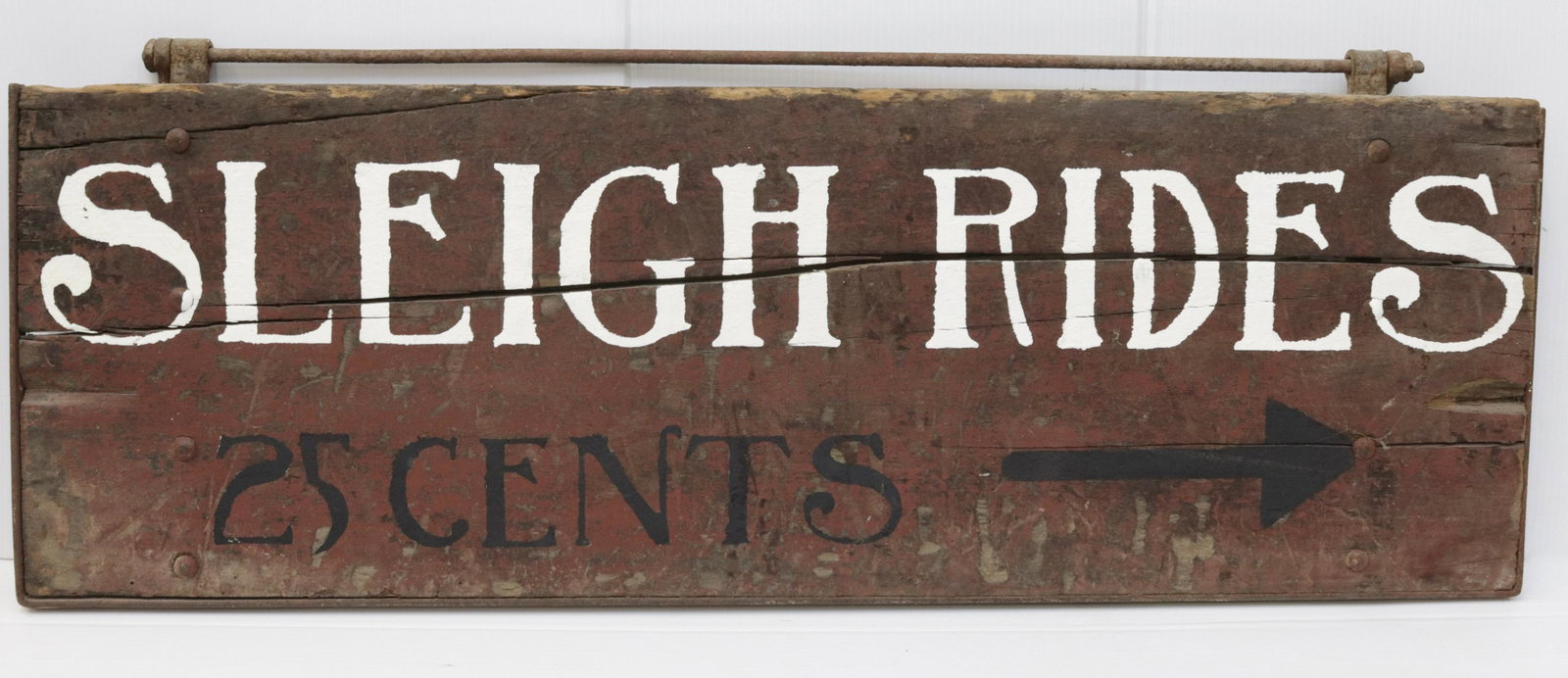 VINTAGE SIGN: SLEIGH RIDES 25 CENTS" - HANDMADE WOODEN SIGN WITH IRON TRIM - MODERN PAINT 14" X 42