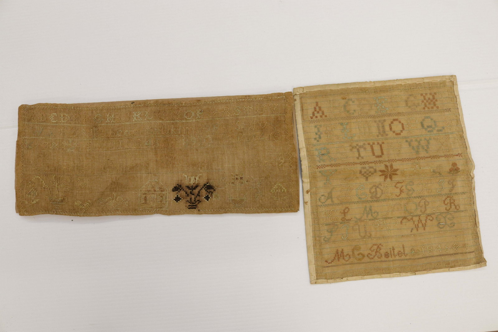 PR. OF EARLY SAMPLERS: SAMPLERS WITH THE ALPHABET AND NUMBERS - ONE DATED 1846 12 1/2" X 11" - 7" X 18"