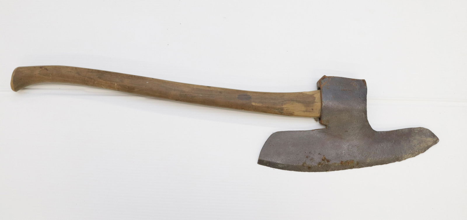 ANTIQUE BROAD AXE: SIGNED AND STAMPED - WOODEN HANDLE BLADE 14 1/2" - 34 1/2" TOTAL LENGTH