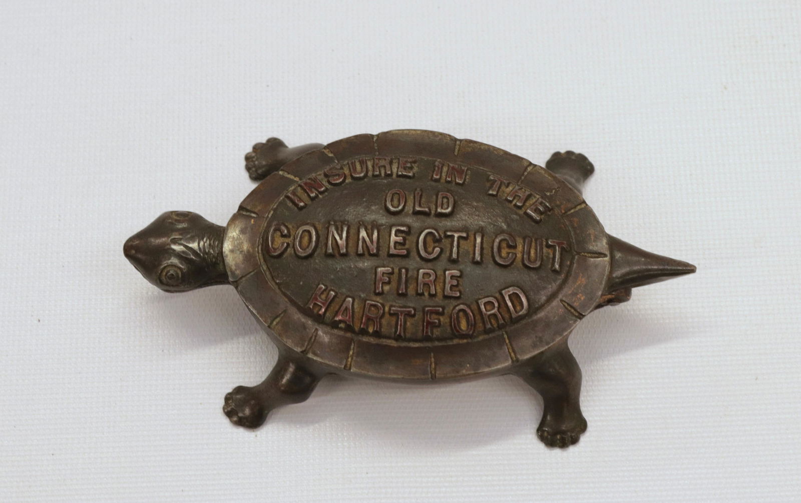 CAST IRON TURTLE ADVERTISING MATCH SAFE: INSURE IN THE OLD CONNECTICUT FIRE, HARTFORD - ORIGINAL SURFACE 5 1/4" L