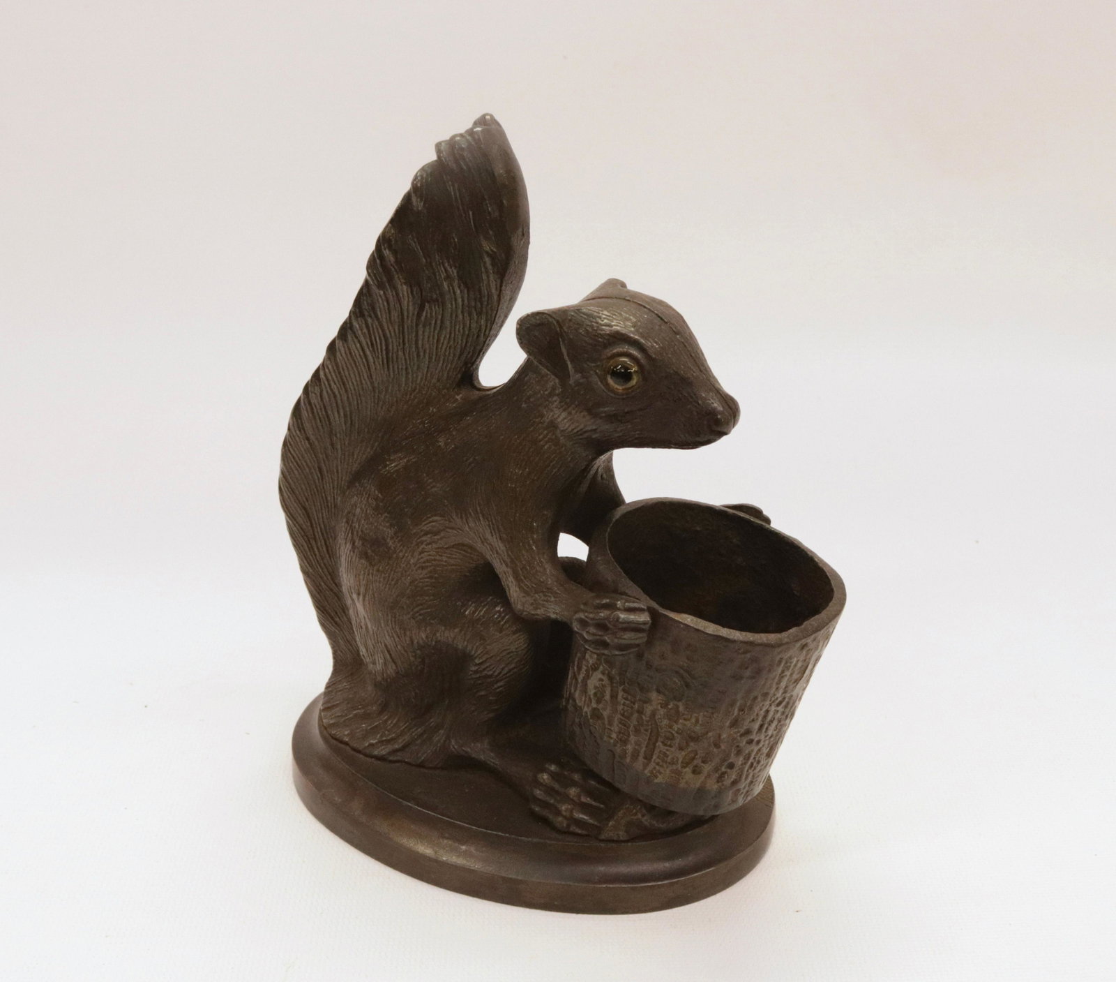 CAST IRON SQUIRREL MATCH HOLDER: 19TH CENTURY SQUIRREL WITH GLASS EYES - MADE IN ENGLAND 7 1/4" X 6" X 4"
