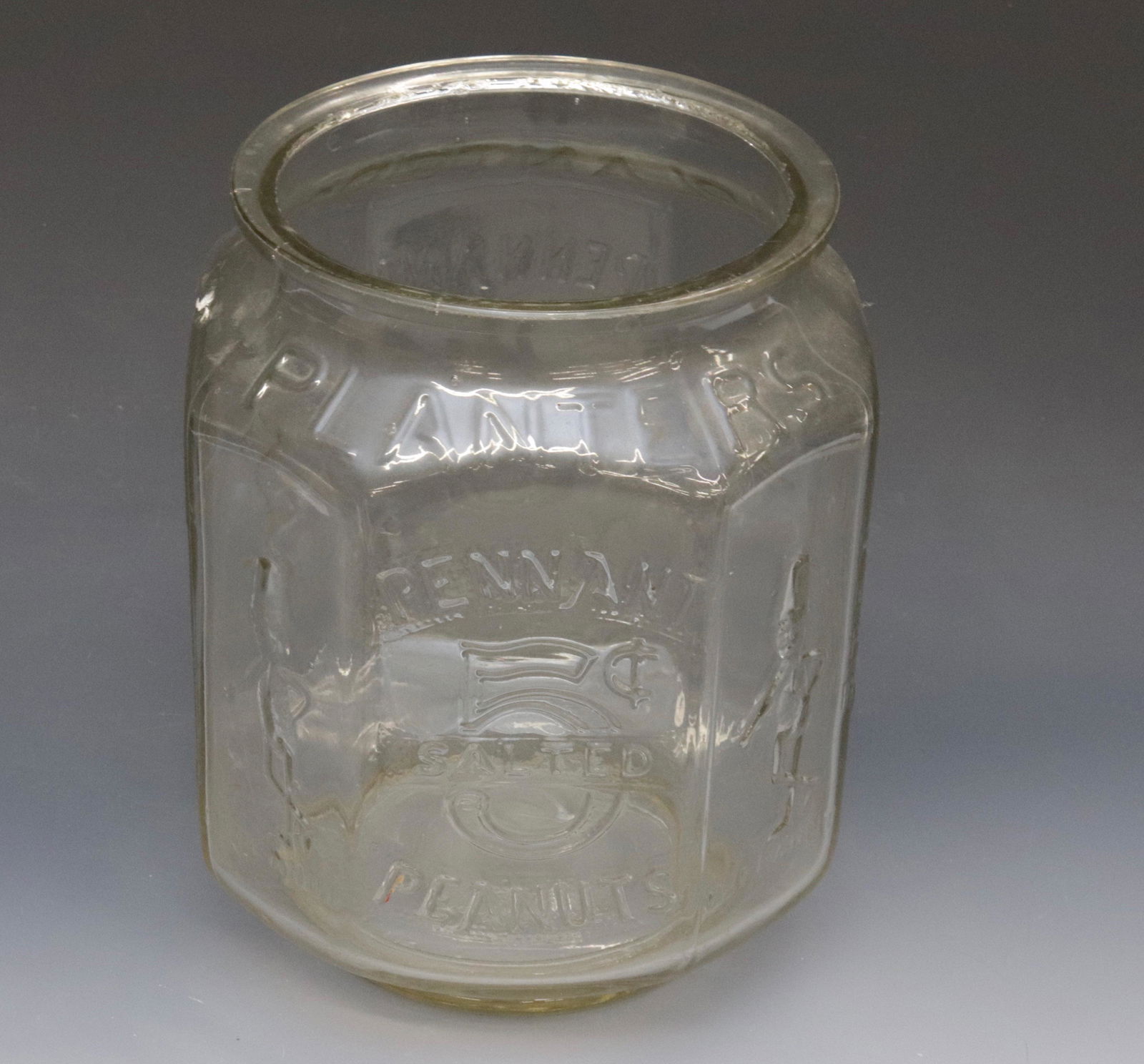 VINTAGE PLANTERS PEANUT JAR: EMBOSSED 5 CENT JAR 10 1/2"