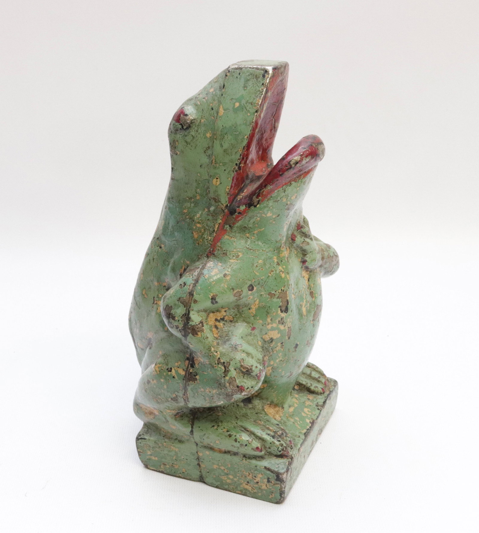 19TH CENTURY CAST IRON FROG DOORSTOP: 2 PIECE HOLLOW BODY - PAINTED SURFACE - UNUSUAL FORM 9" H