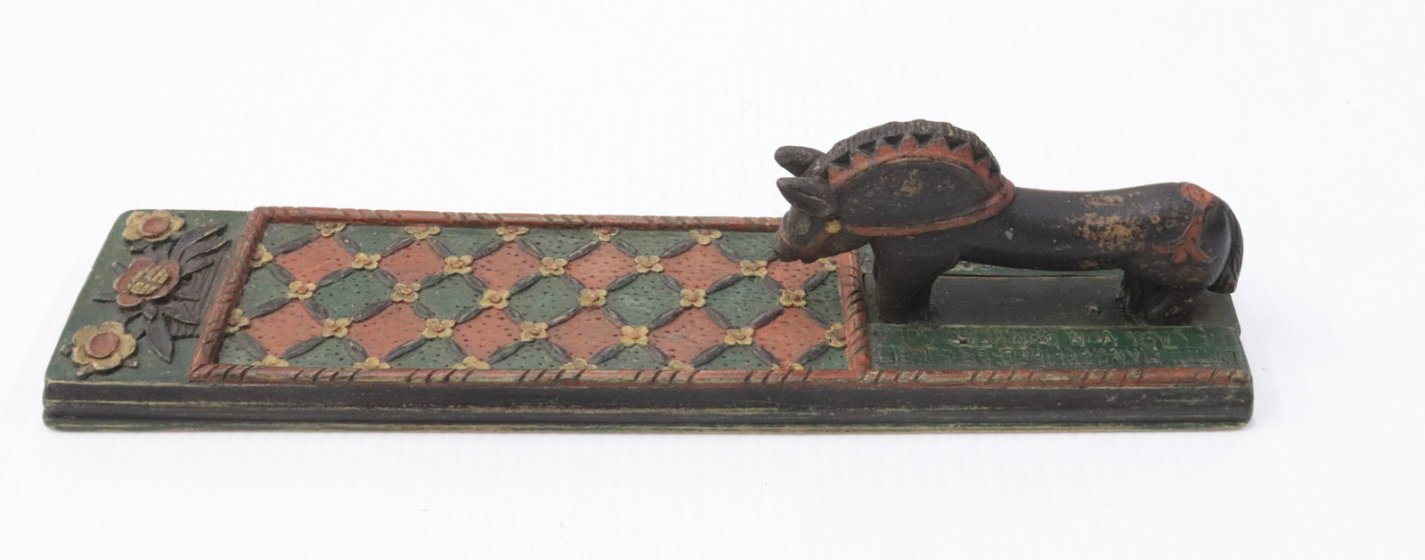 EARLY EUROPEAN MANGLE BOARD: HAND CARVED AND PAINTED WITH HORSE HANDLE AND CARVED FLOWERS 13 3/4" L