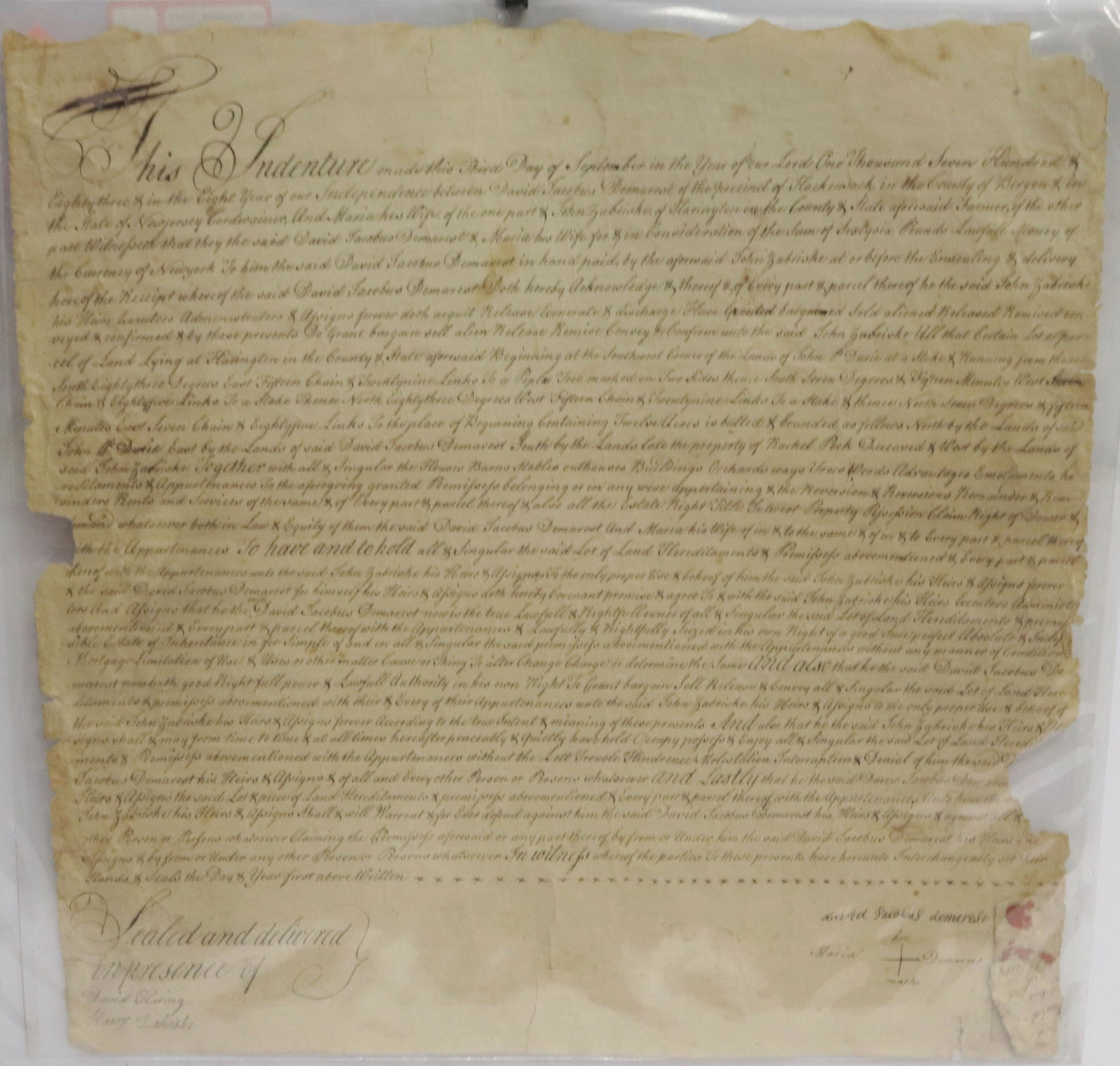EARLY NEW JERSEY INDENTURE: DATED 1783 BETWEEN DAVID DEMAREST AND HIS WIFE MARIA OF HACKENSACK IN BERGEN CTY. AND JOHN ZABRISKE OF HARINGTON. 19" X 19"