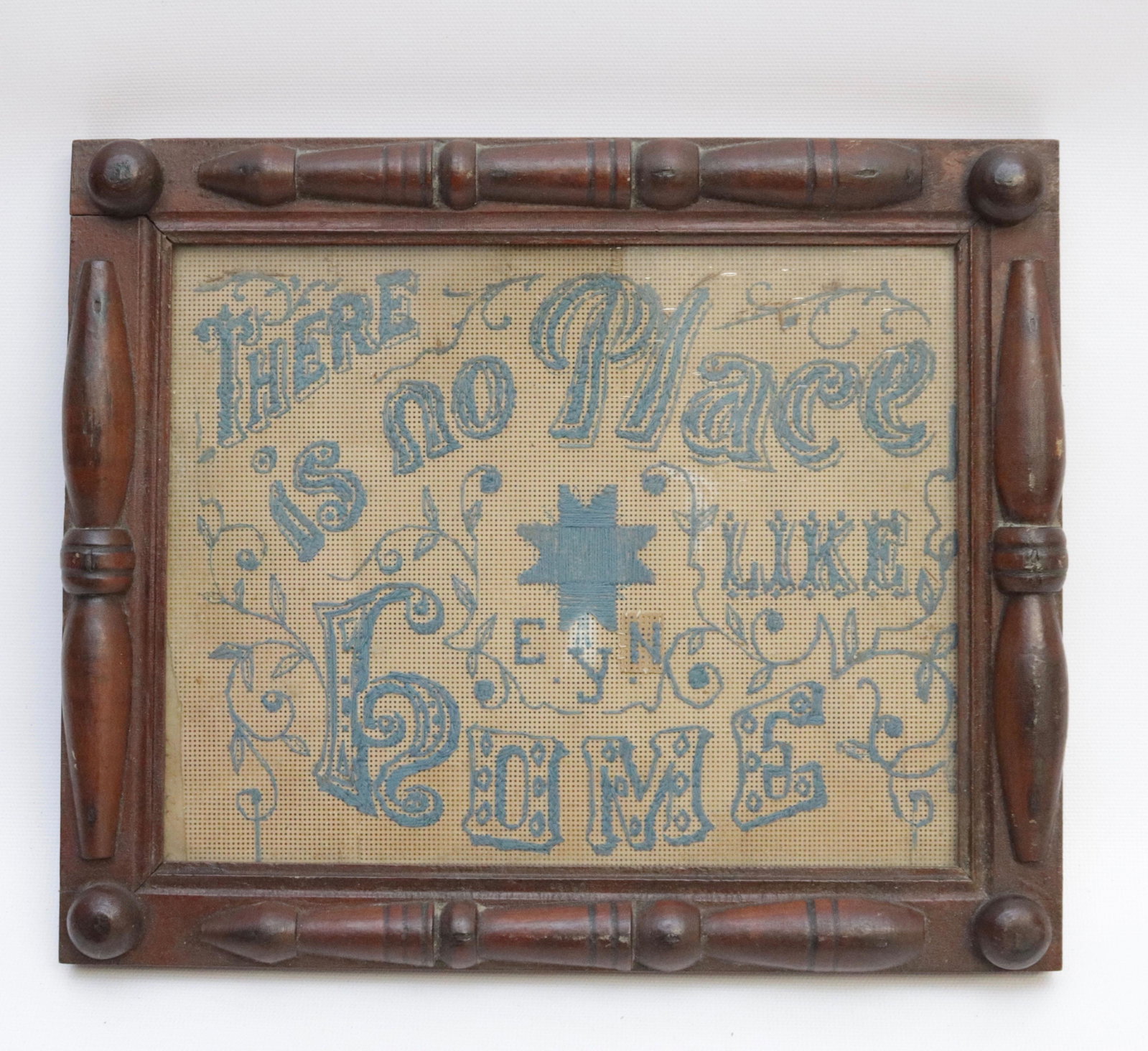 ANTIQUE FRAMED NEEDLEPOINT: THERE'S NO PLACE LIKE HOME" - 1874 - FAMILY HISTORY ON BACK 9 1/2" X 12