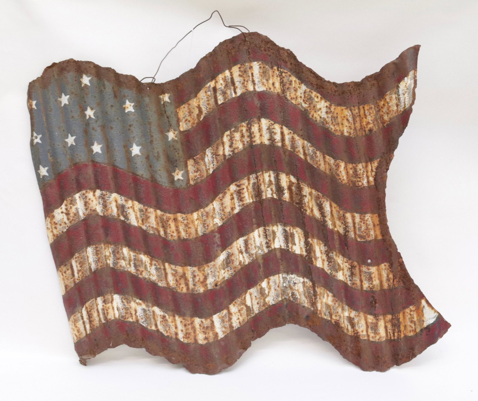 FOLK ART TIN AMERICAN FLAG: PAINTED GALVANIZED METAL- 22" X 25"