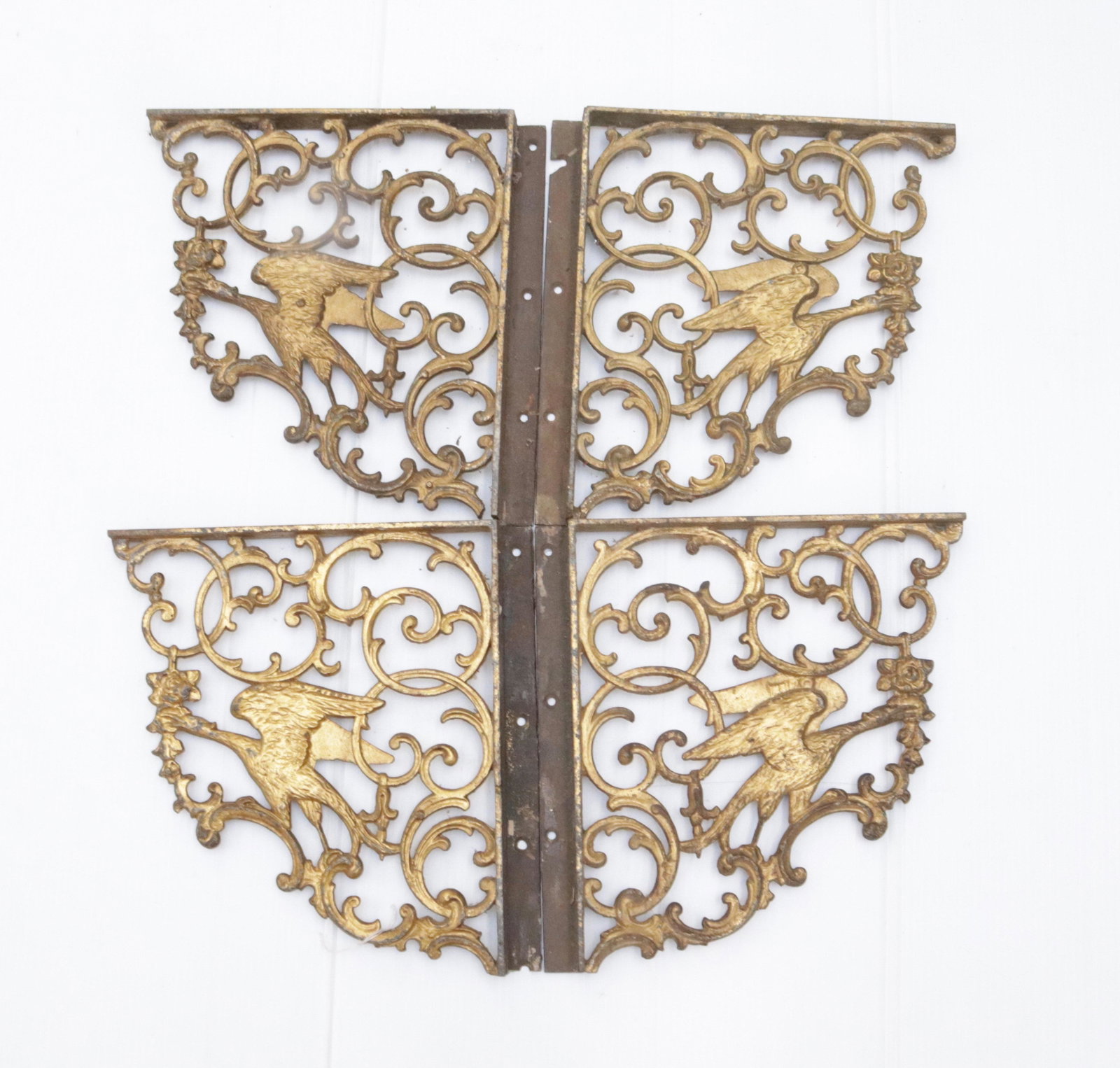 PAIR OF ORNATE SHELF BRACKETS: PAINTED GOLD WITH EAGLE MOTIF Dimensions: 13 1/2" X 12"
