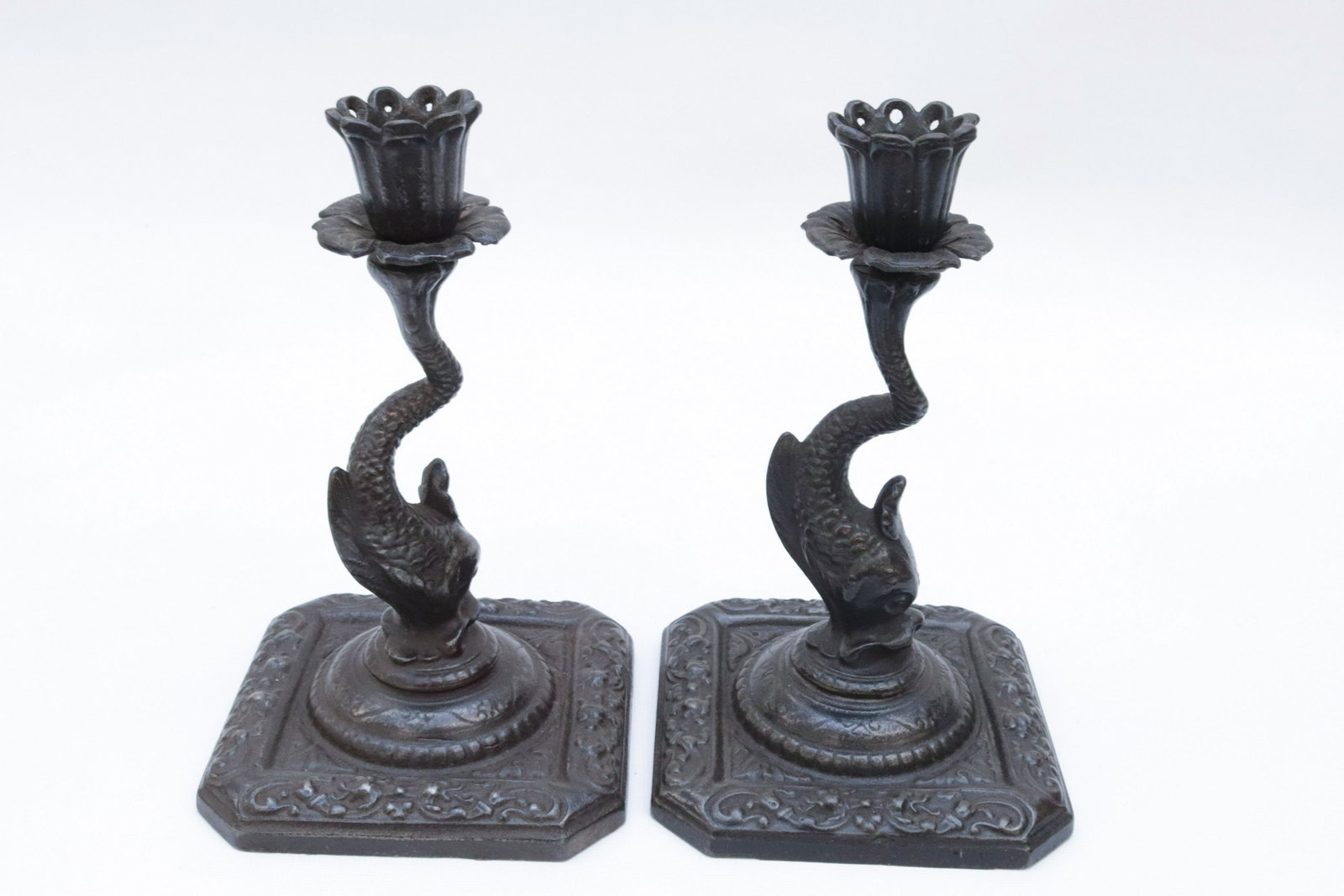 PAIR OF 19TH CENTURY CANDLESTICKS: DOLPHIN POSTS - GOOD DETAIL - PAINTED BLACK Dimensions: 7 1/2" H