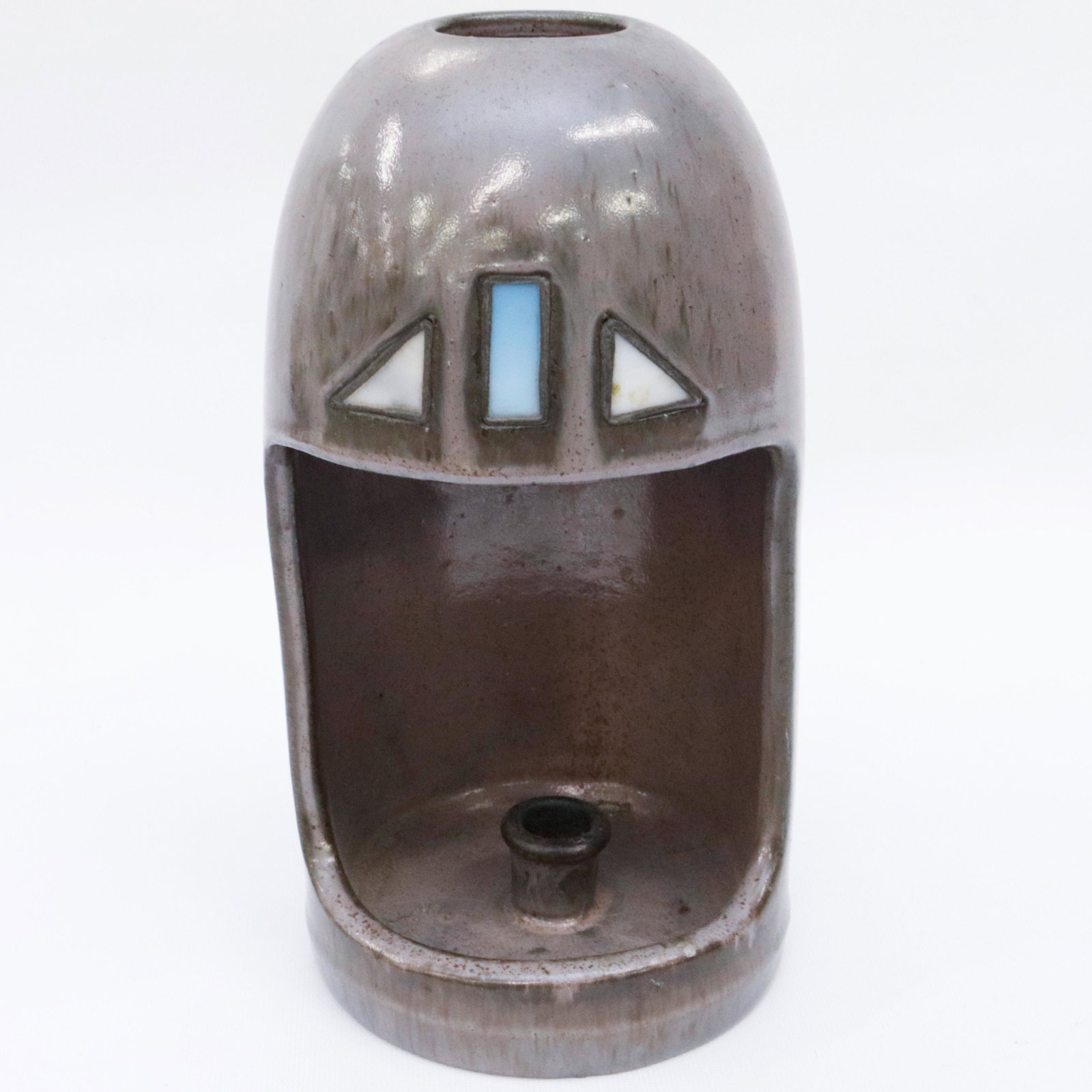 FULPER HOODED SCONCE: GRAY GLAZE WITH GREEN TONES - LEADED GLASS INSERTS - VERTICAL FULPER MARK Dimensions: 10 1/2" X 5 3/4"