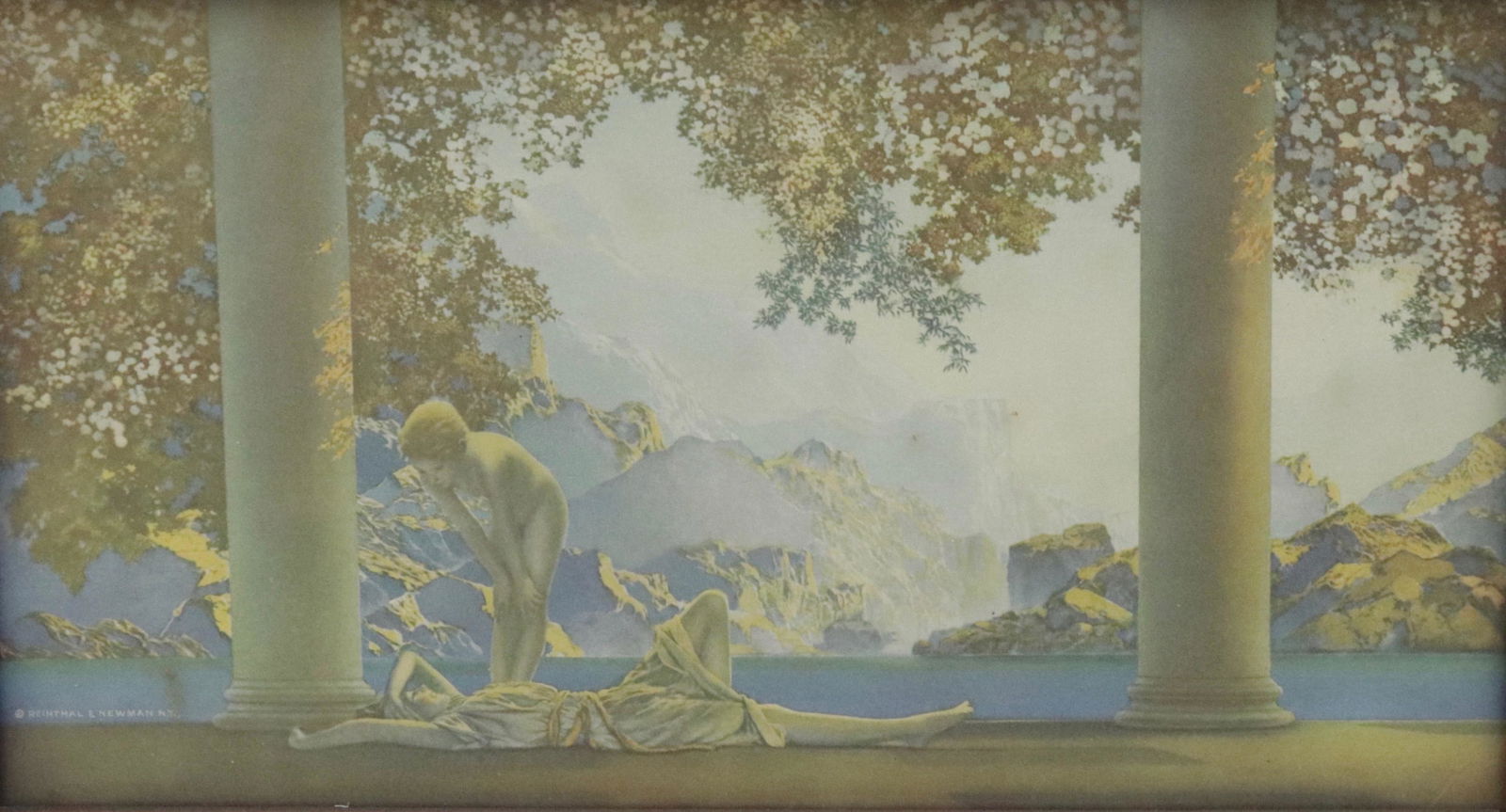 MAXFIELD PARRISH PRINT: DAYBREAK" BY; REINTHAL AND NEWMAN - ORIGINAL FRAME Dimensions: 5 1/2" X 9 1/2