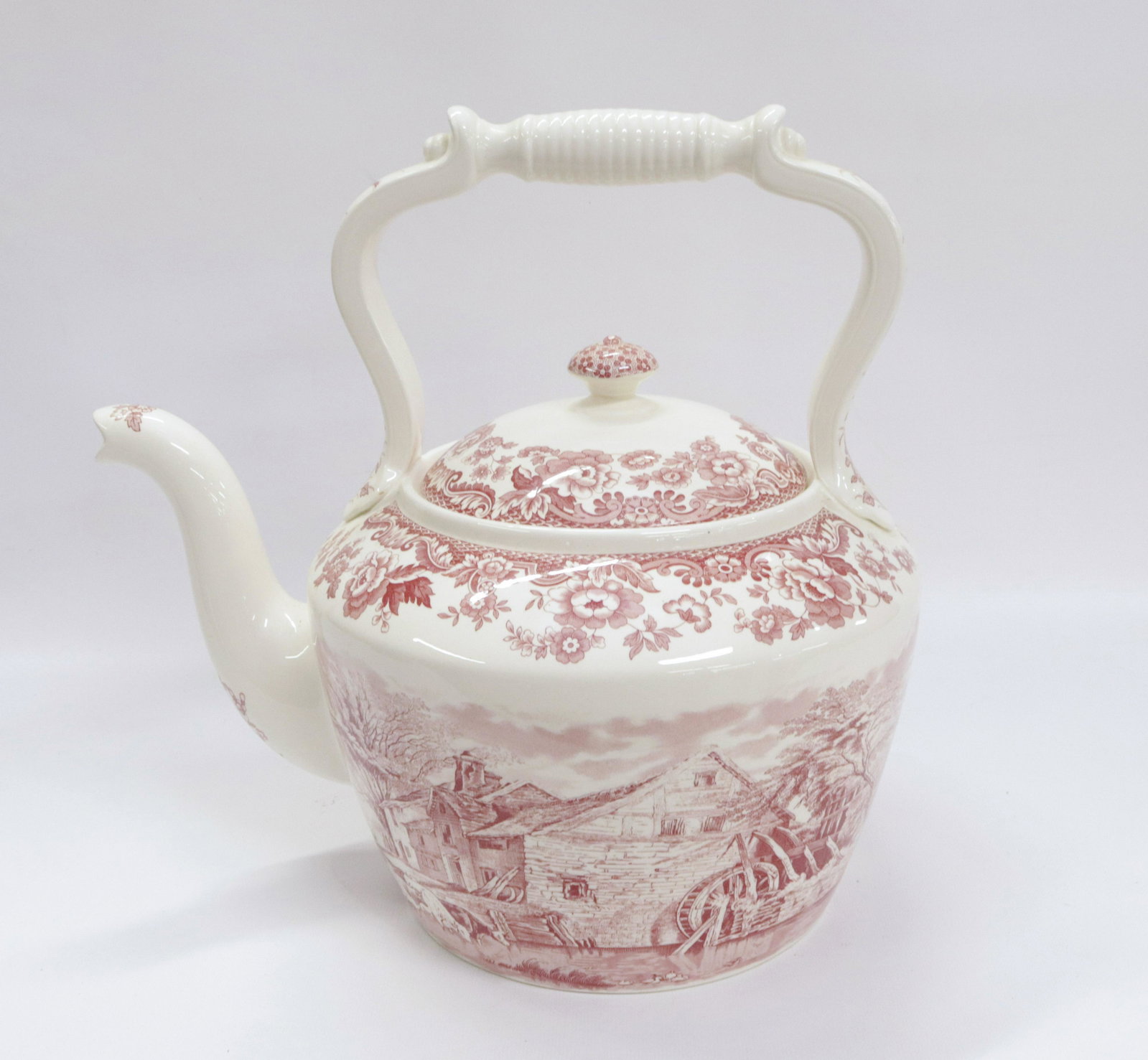 SPODE TRANSFERWARE TEAPOT: LARGE SIZE KETTLE - SPODE, ENGLAND - RED AND WHITE Dimensions: 13" X 13"