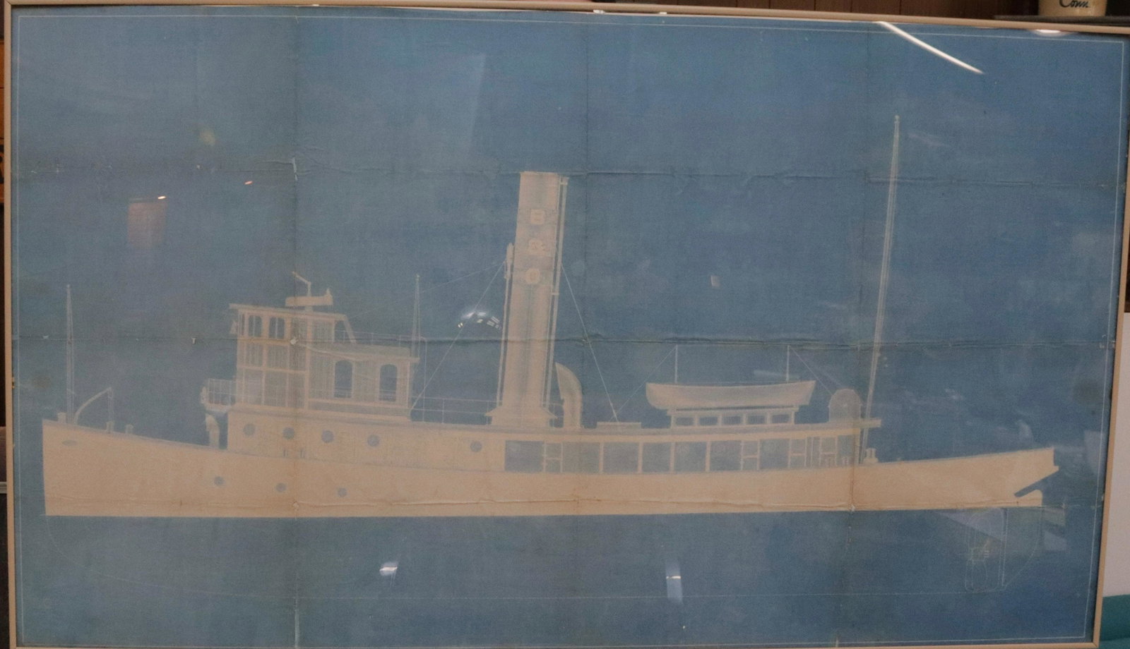 LARGE BLUEPRINT OF TUGBOAT: FRAMED UNDER PLEXIGLASS Dimensions: 27 1/2" X 49"