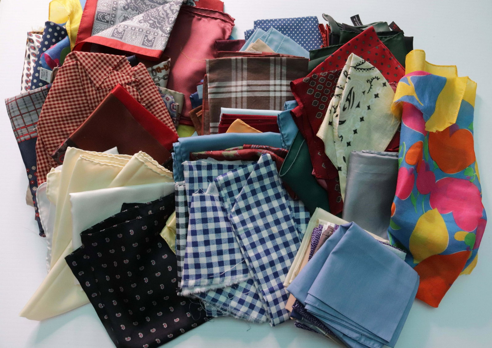 LARGE GROUP LOT OF SCARVES: (35) PLUS - MOSTLY ALL SILK - SOME COTTON - HANDKERCHIEFS