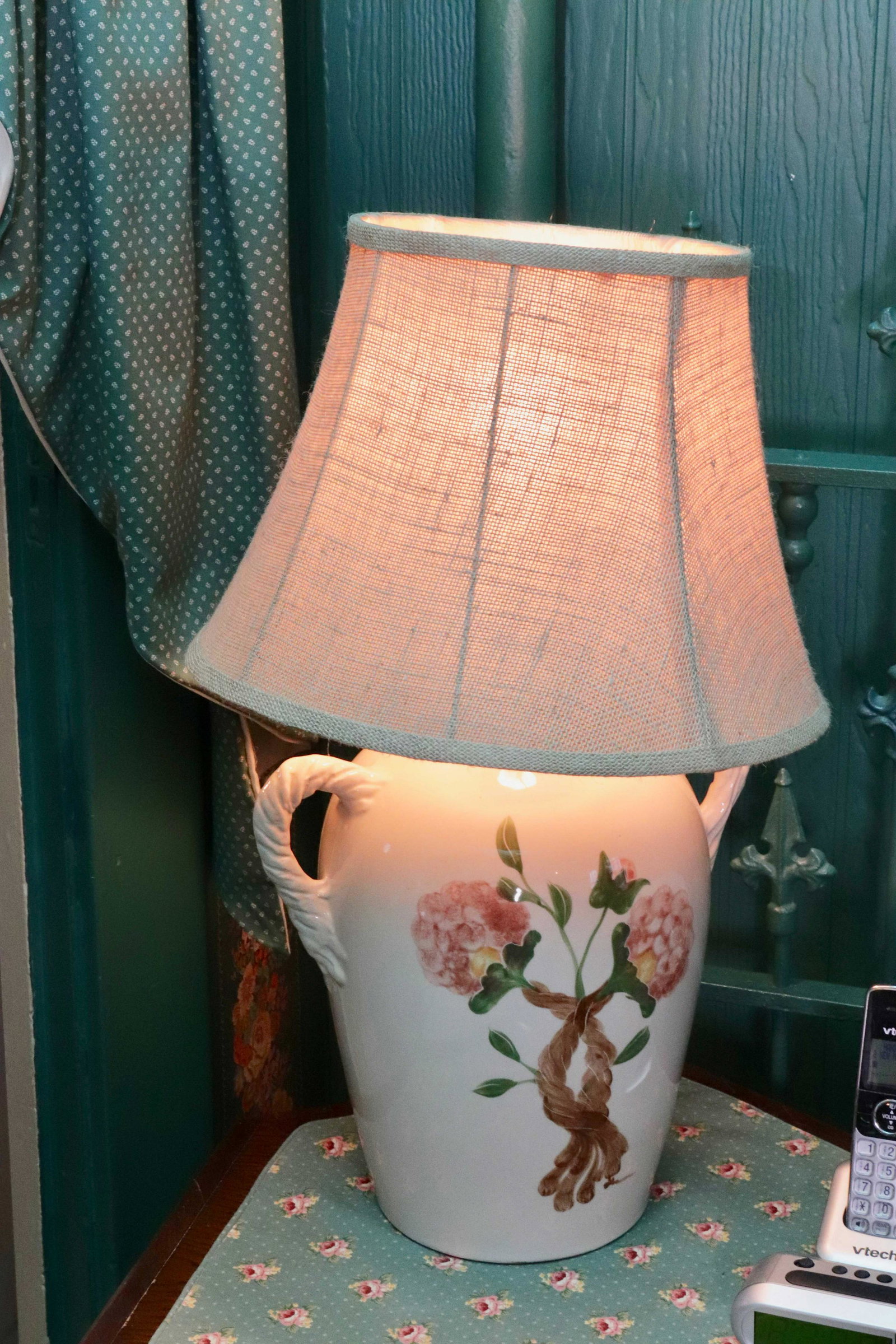 PR. OF TABLE LAMPS: CERAMIC OR PORCELAIN WITH FLORAL MOTIF AND BURLAP SHADES SIZE: 25 1/2"H