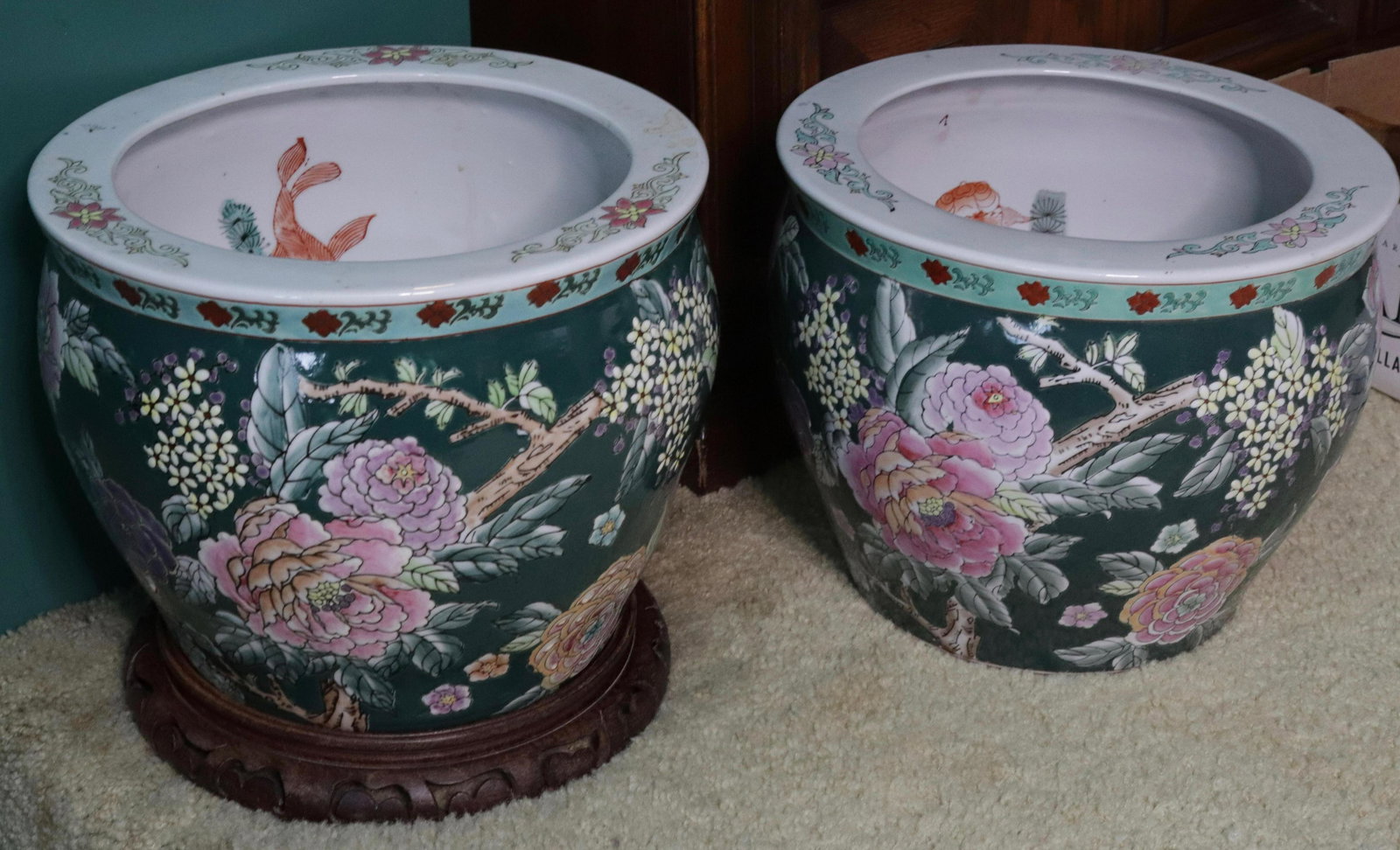 PR. OF ASIAN FLOWER POTS: CHARACTER MARK ON BOTTOM - FISH DESIGN INTERIOR WITH FLORAL EXTERIOR - ONE WOOD BASE SIZE: 10" X 12"