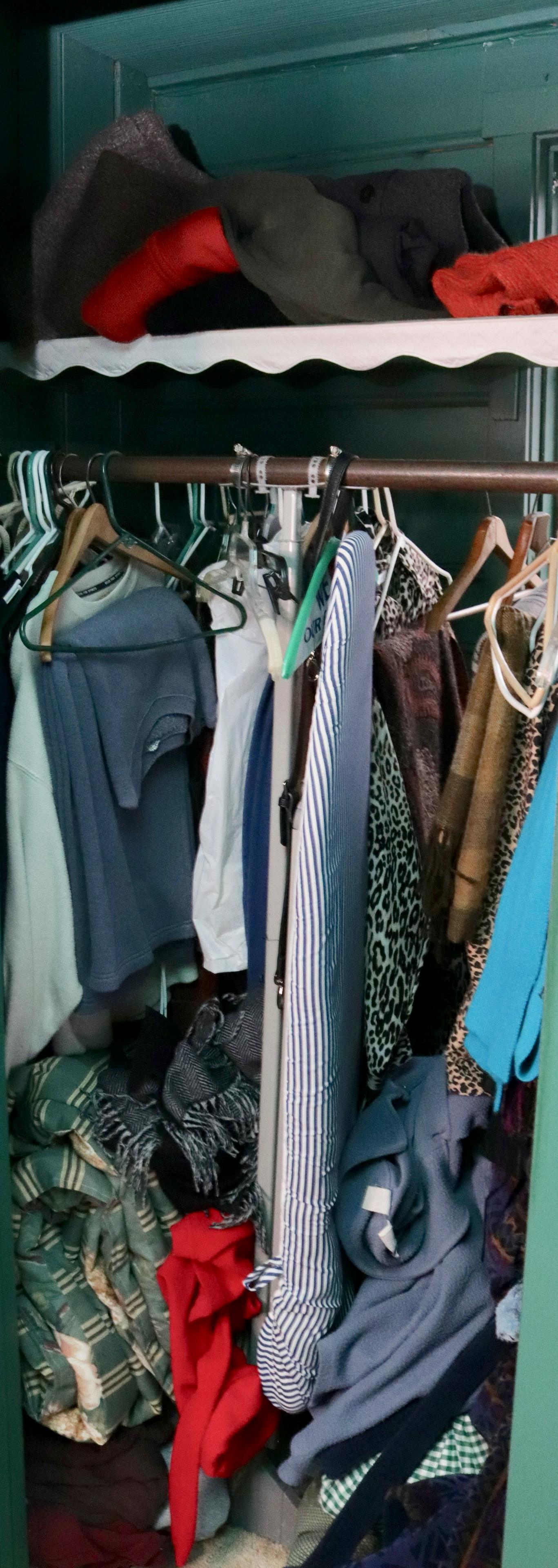 CONTENTS OF BEDROOM CLOSET: COTTON AND WOOL SHIRTS, SWEATERS, JACKETS, SCARVES, - BEDDING - BLANKETS AND MUCH MORE