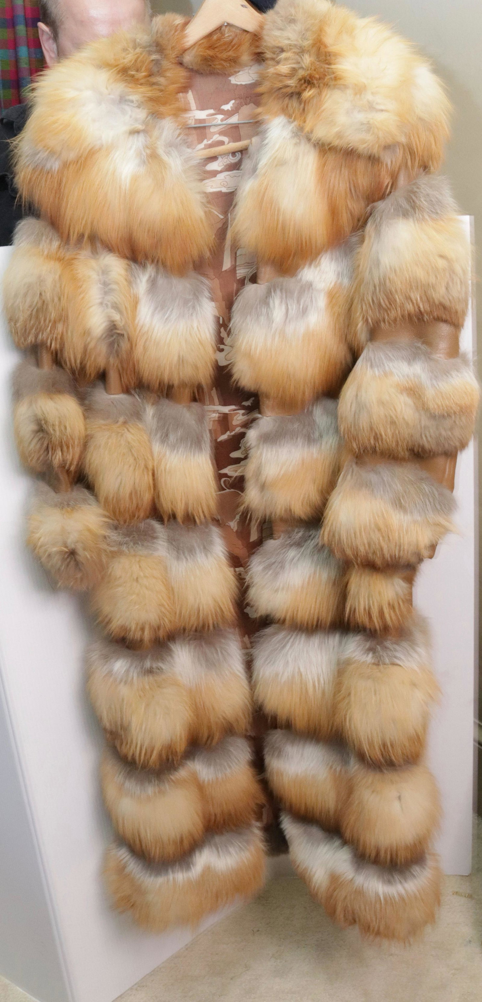 LEATHER AND FUR COAT: RED FOX COAT - FULL LENGTH SIZE: 48" L - SLEEVES 23" - SHOULDER 20"
