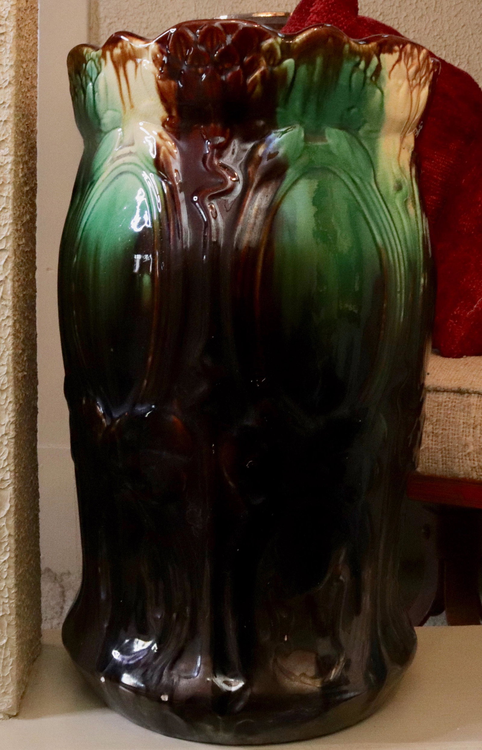 MAJOLICA UMBRELLA HOLDER: GREEN, BROWN, AND YELLOW GLAZED - UNMARKED SIZE: 18" H