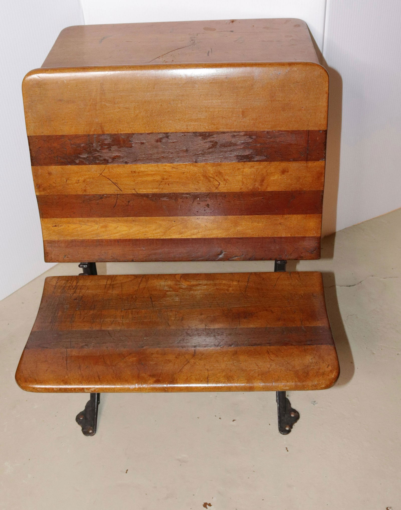ANTIQUE SCHOOL DESK: CAST IRON BASE WITH FLIP DOWN SEAT SIZE: 24" X 18 1/2" X 20"