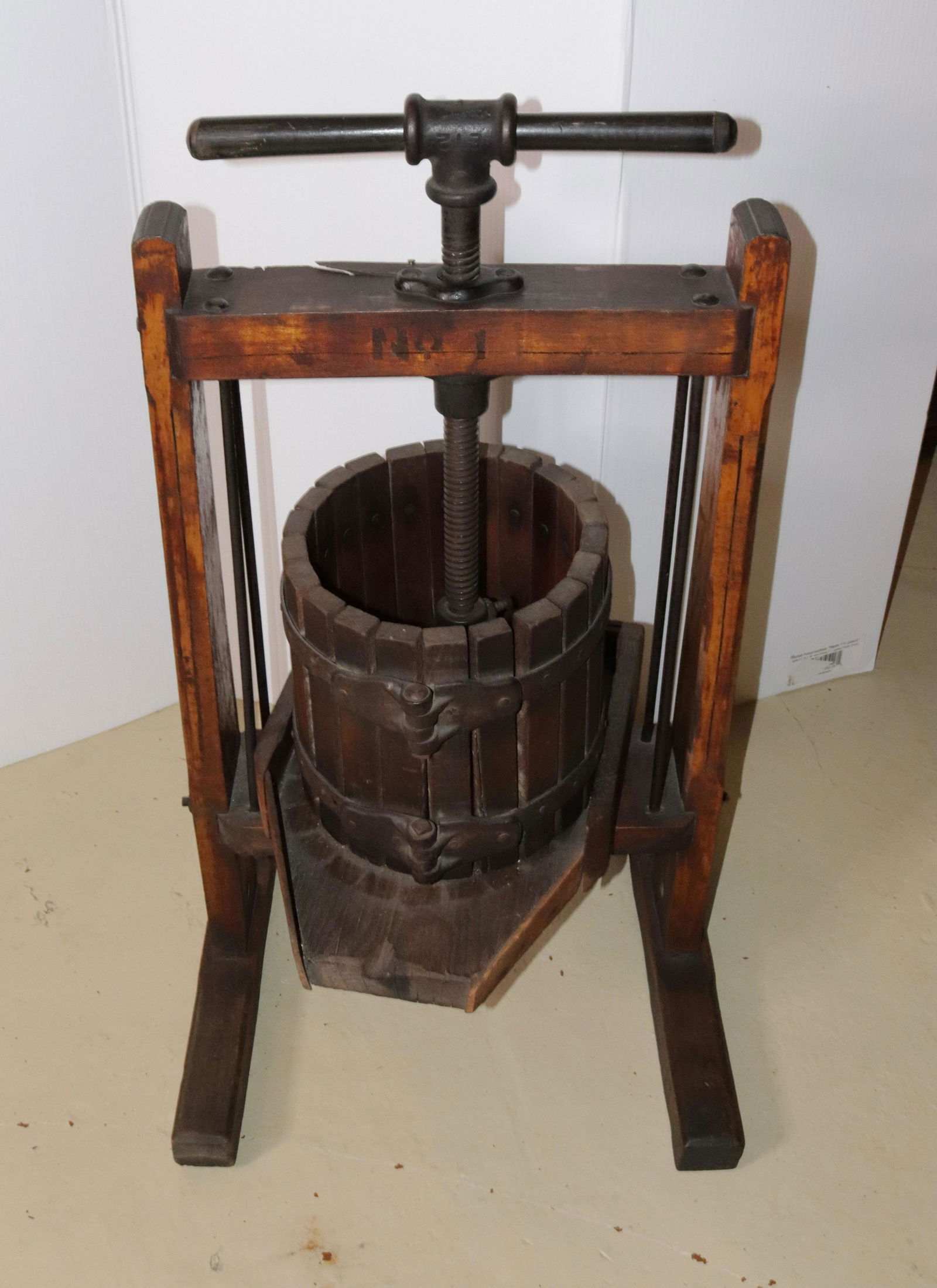 ANTIQUE WINE PRESS: WOOD AND IRON SIZE: 34" H X 19"