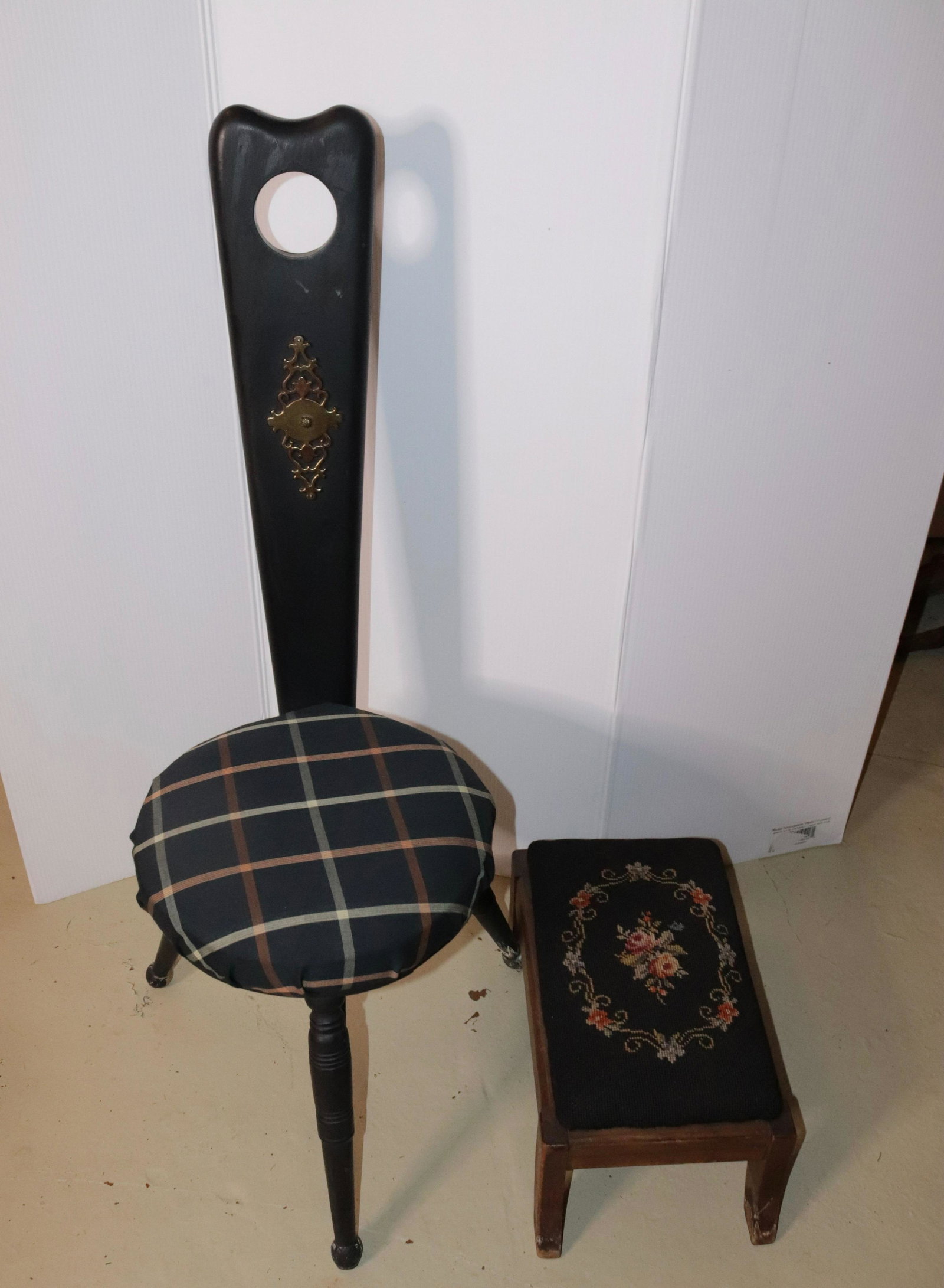 CHAIR AND FOOTSTOOL: CUSHION SEAT AND NEEDLEPOINT FOOTSTOOL SIZE: CHAIR 40 1/2" H - FOOTSTOOL 17" L