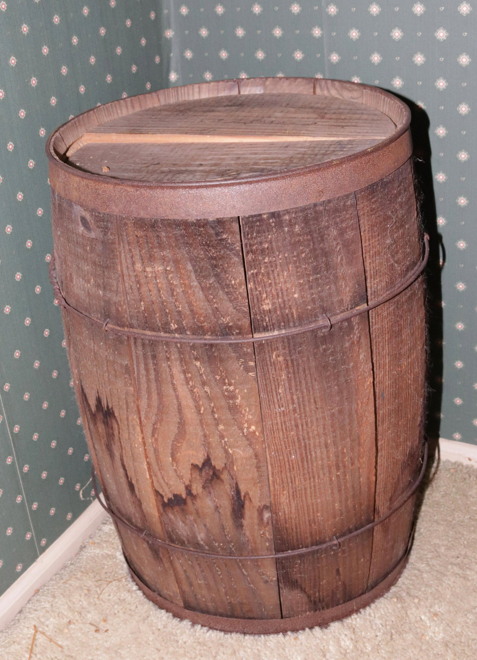 ANTIQUE WOODEN NAIL KEG: GLASS TOP CONVERSION TO SIDE TABLE SIZE: 18" X 12"