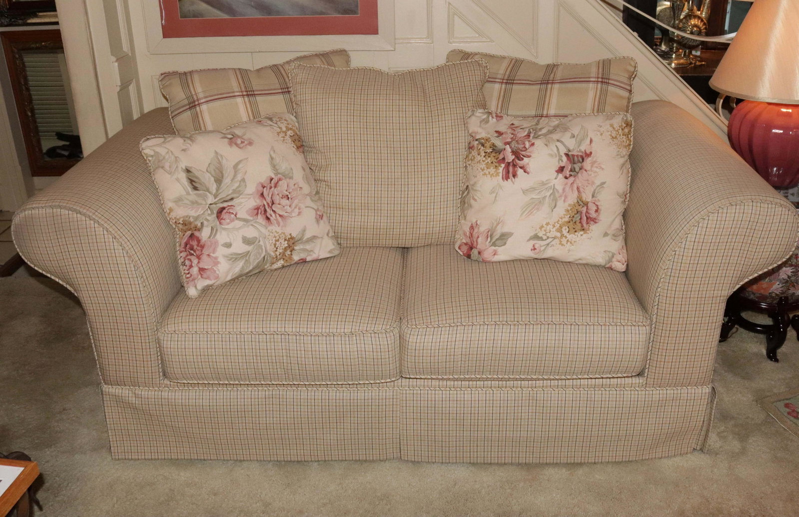 MATCHING PAIR OF LOVESEATS: KLAUSSNER - ASHEBORO, NORTH CAROLINA MAKERS - UPHOLSTERED WITH CUSHIONS AND PILLOWS SIZE: 28" X 68" X 34"