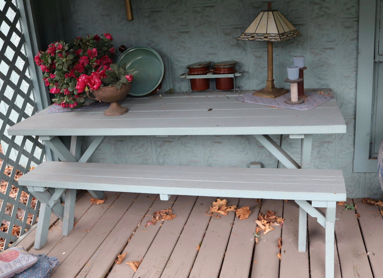 PICNIC TABLE AND BENCH: PAINTED BLUE GREEN SIZE: 29" X 70" X 28" - BENCH 17" X 70"