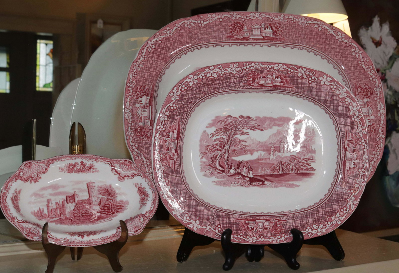TRANSFER WARE GROUP: (3) PIECES INCLUDING - (2) ROYAL STAFFORDSHIRE PLATTERS IN THE JENNY LIND PATTERN AND SMALL JOHNSON BROTHERS OVAL TRAY SIZE: 8 1/4" X 5" - 9 1/2" X 11 1/2" - 12" X 15 1/2"
