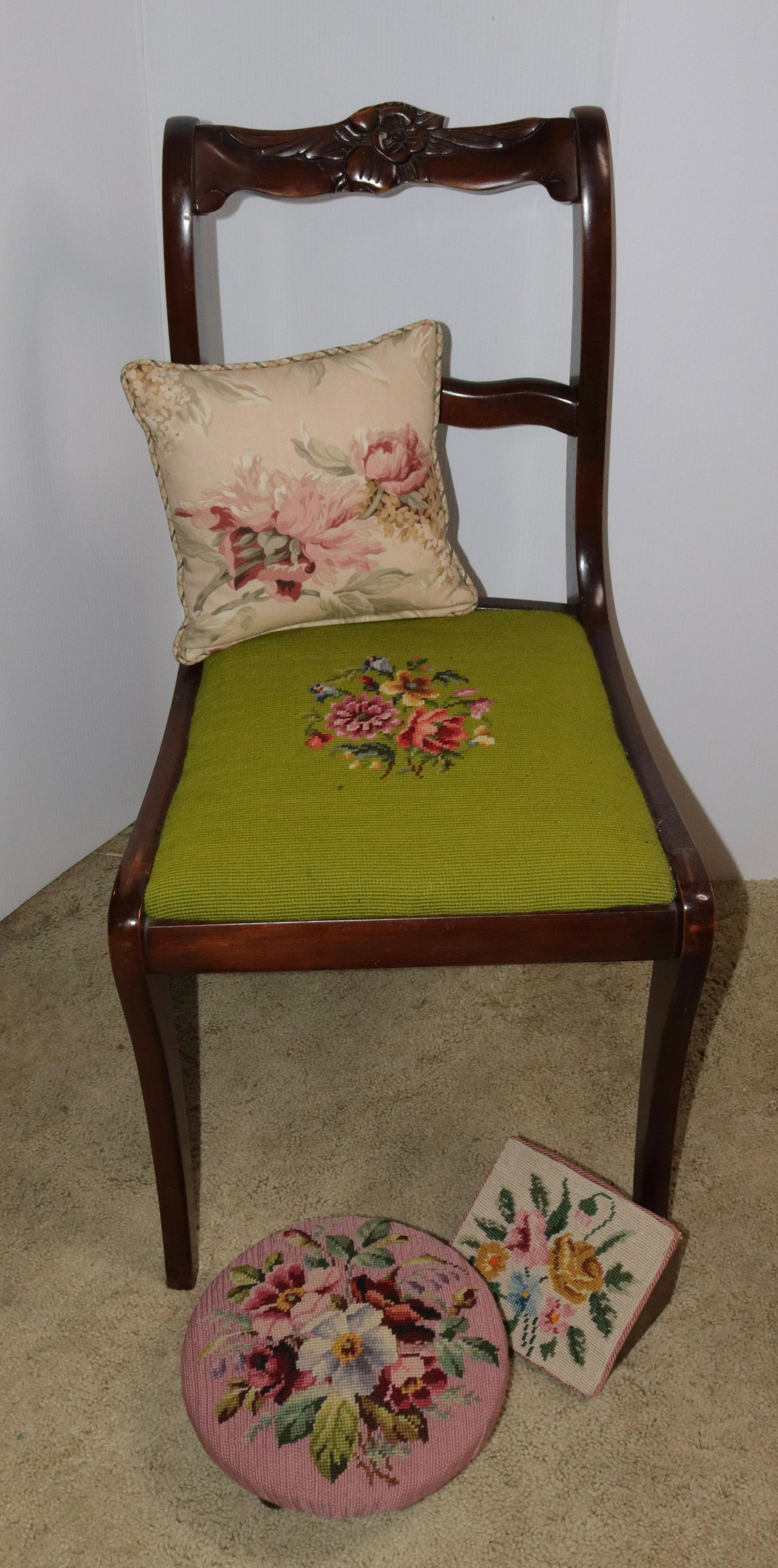 GROUP LOT OF NEEDLE POINT: INCLUDING - CHAIR, FOOT STOOL, DOORSTOP - ALSO WITH PILLOW SIZE: CHAIR 33 1/2" X 17 1/2" X 17 1/2" - FOOTSTOOL 10 1/2" DIAMETER